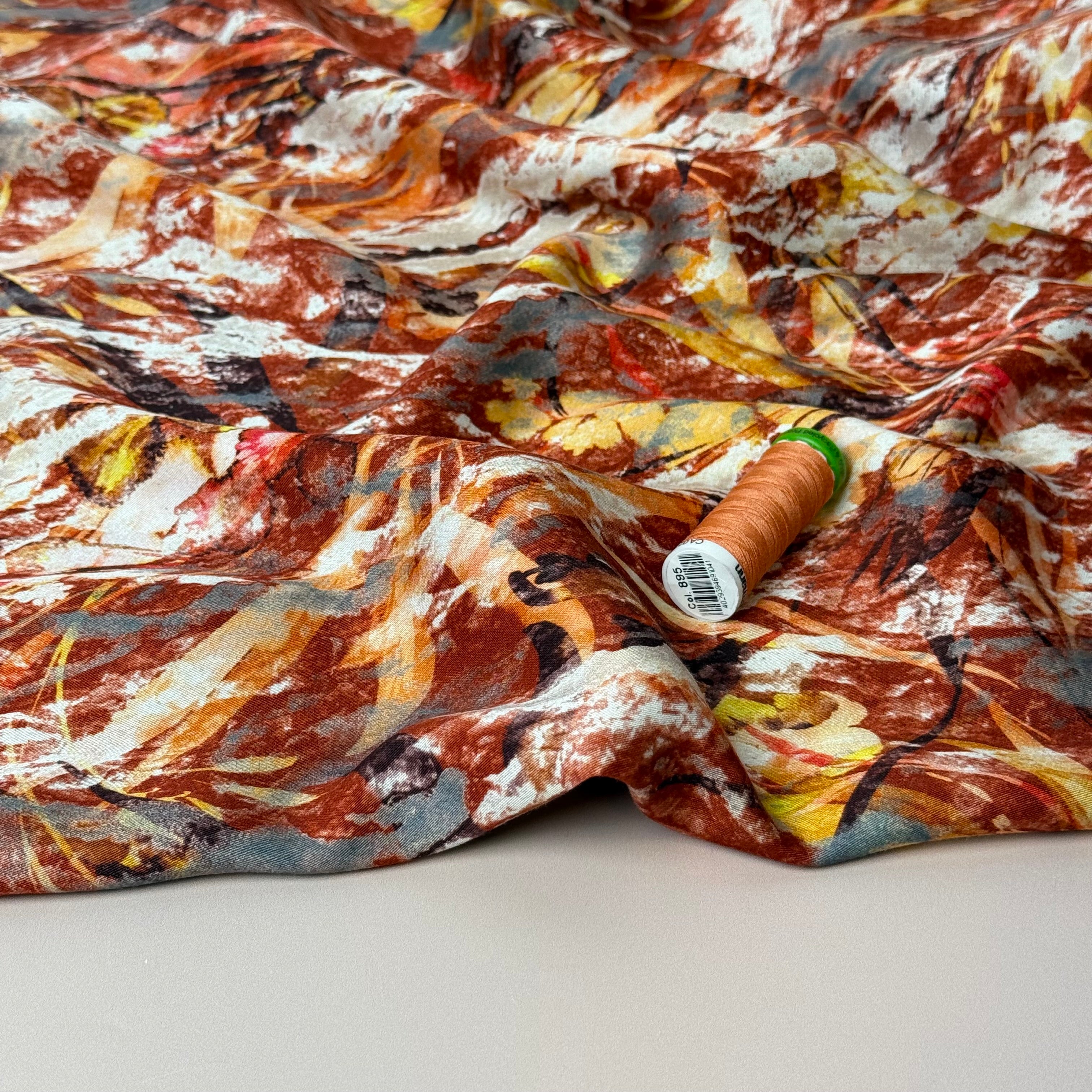 Autumn Foliage Terracotta Viscose Sateen Fabric