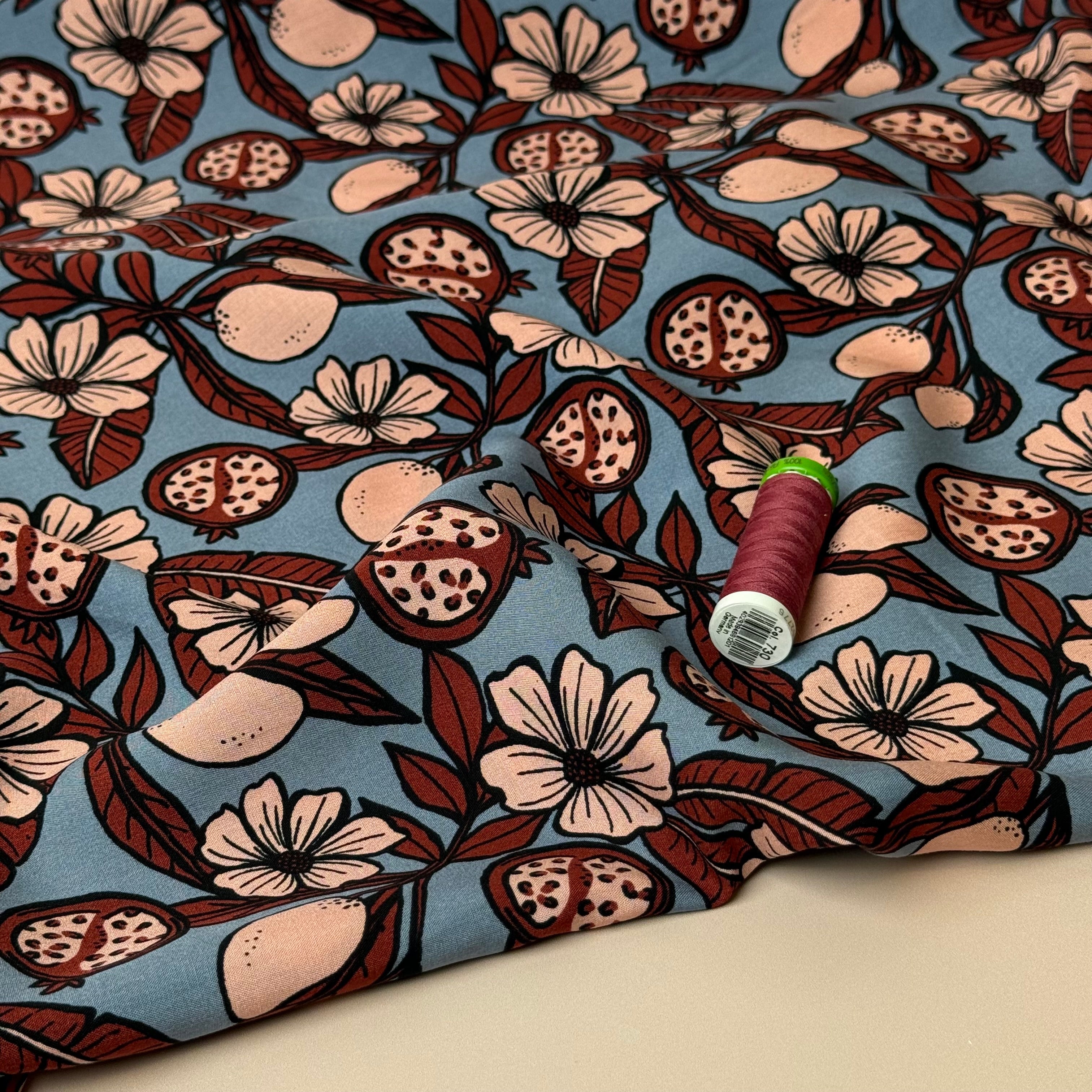 Pomegranates on Dusky Blue Viscose Fabric