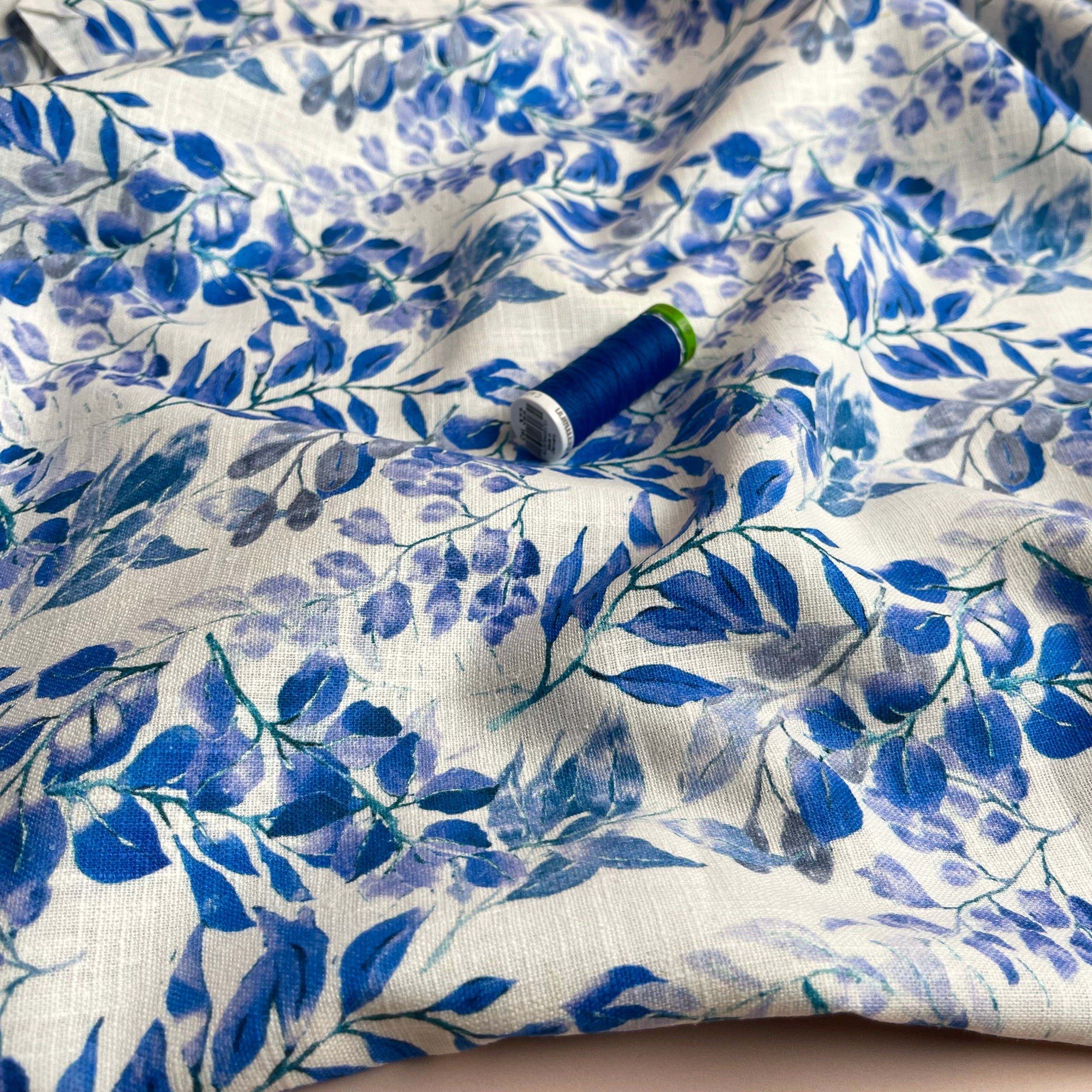 Cobalt Leaves Linen Cotton Blend Fabric