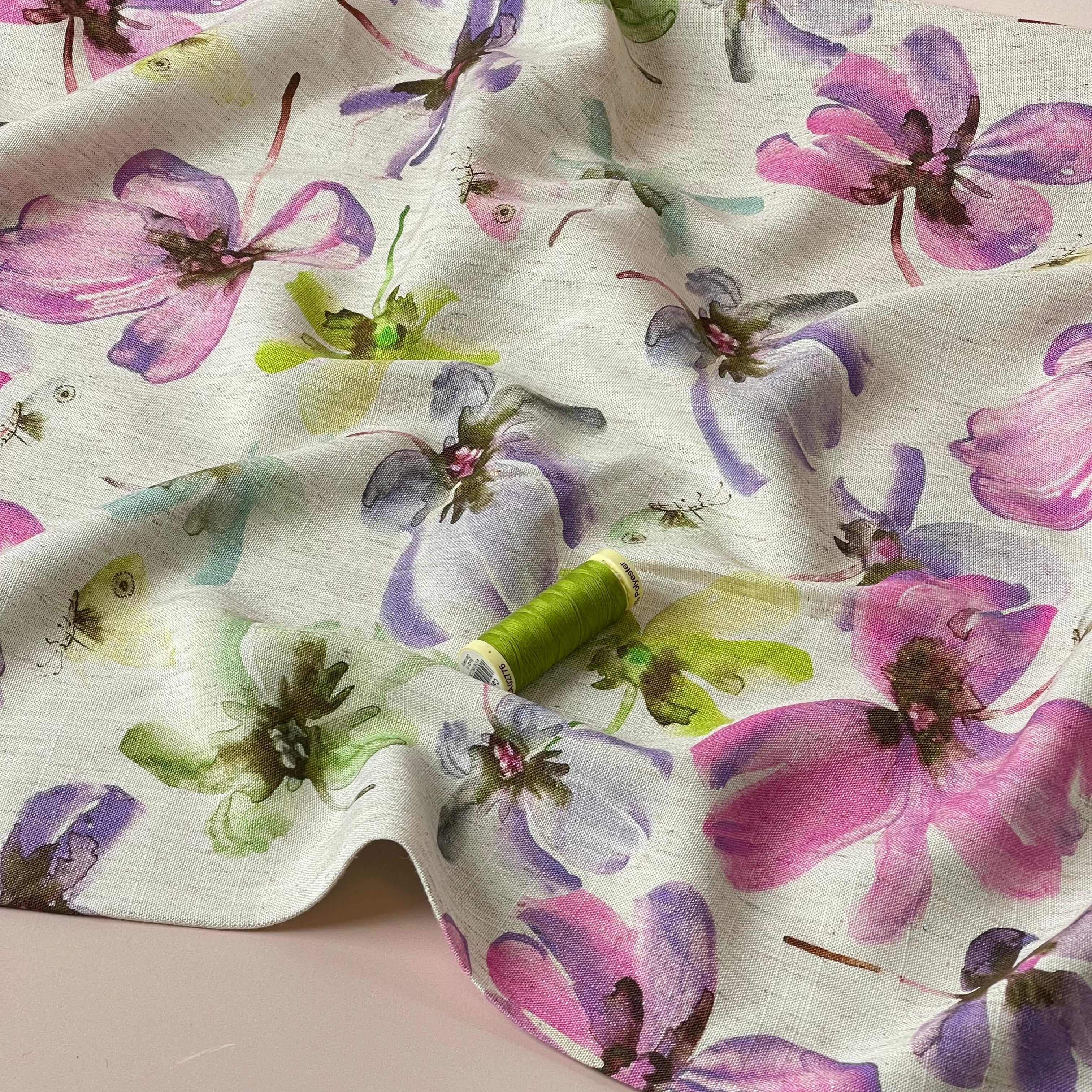 Pink Florals Viscose Linen Fabric