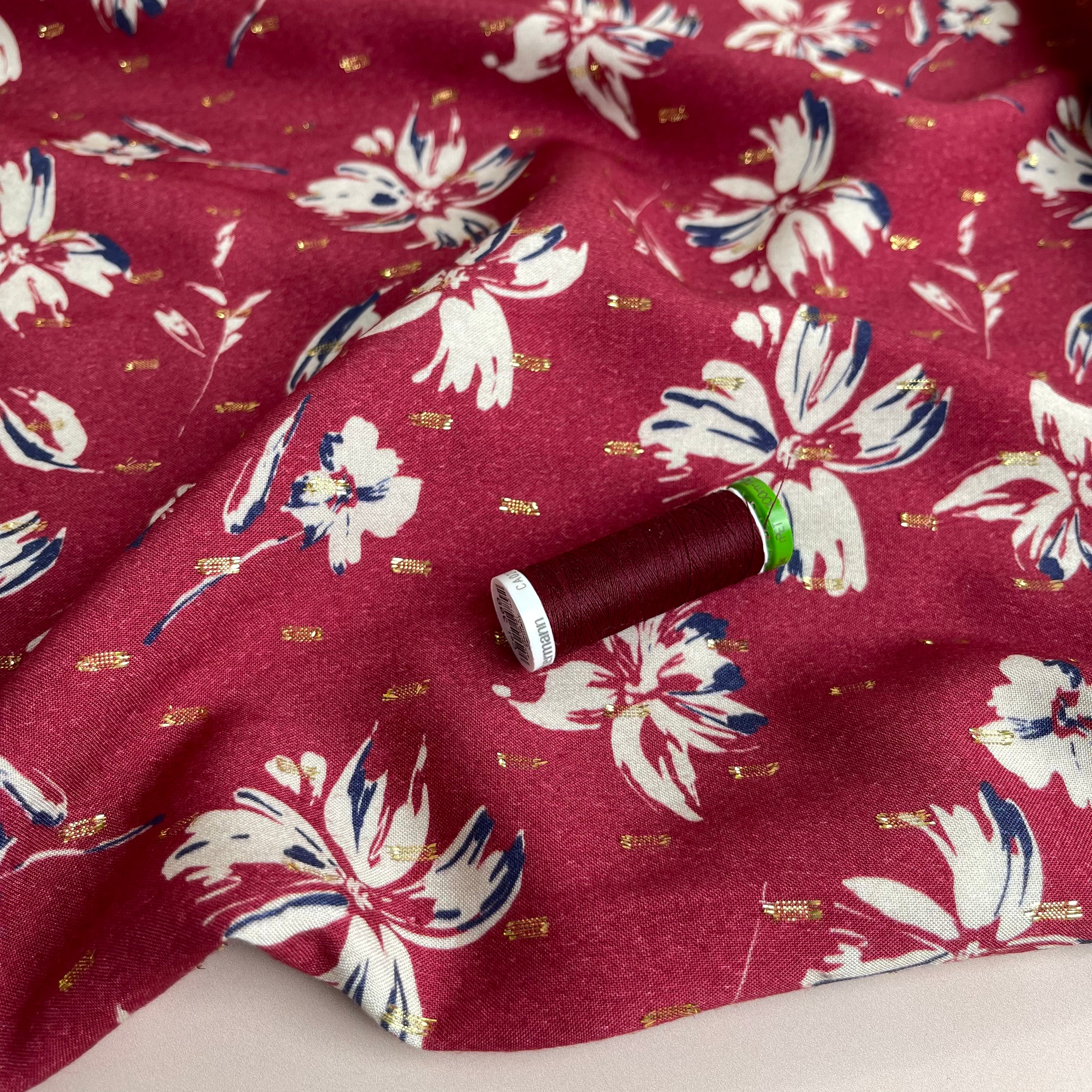 Flowers on Red with Lurex Viscose Fabric