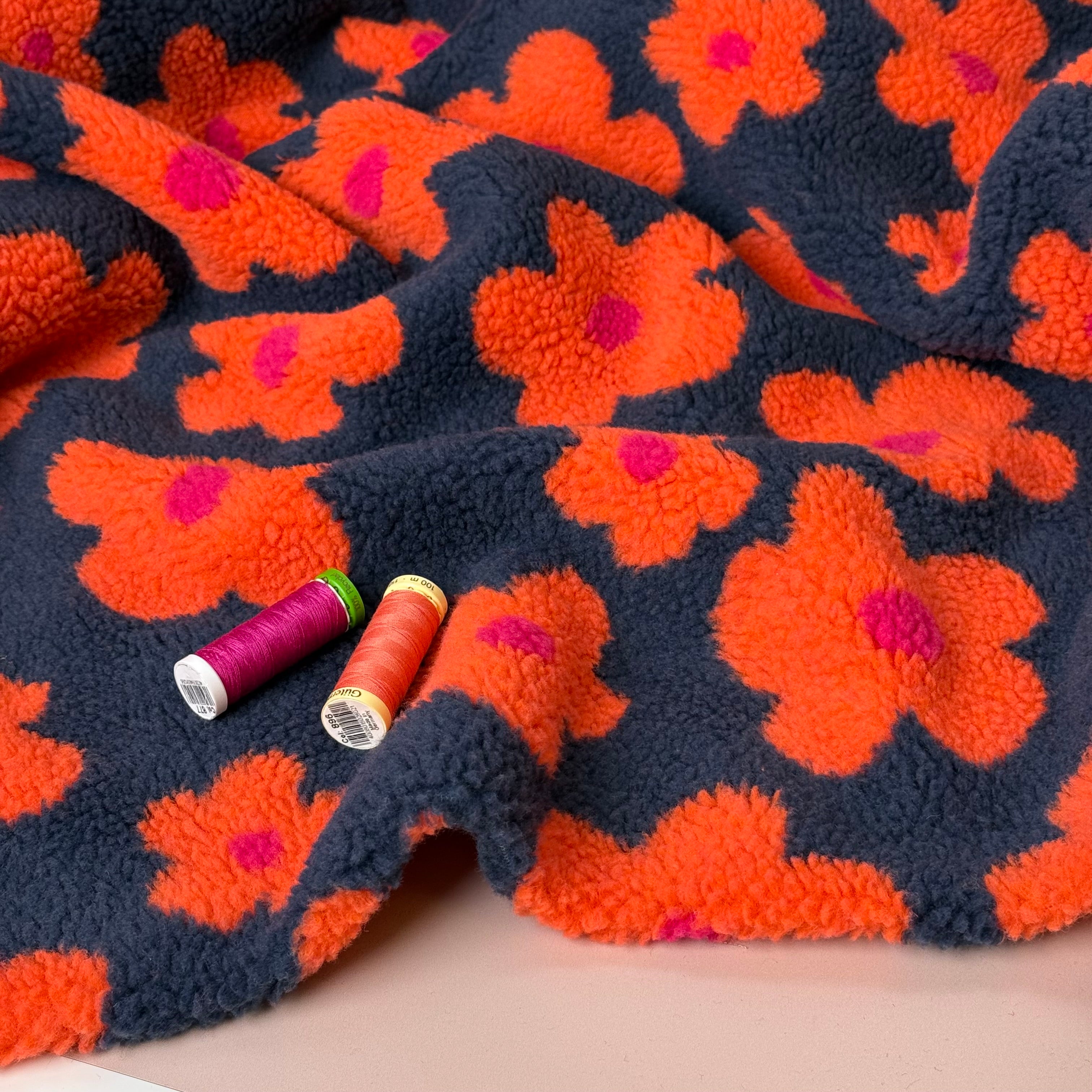 Flowers on Navy Teddy Coating Fabric