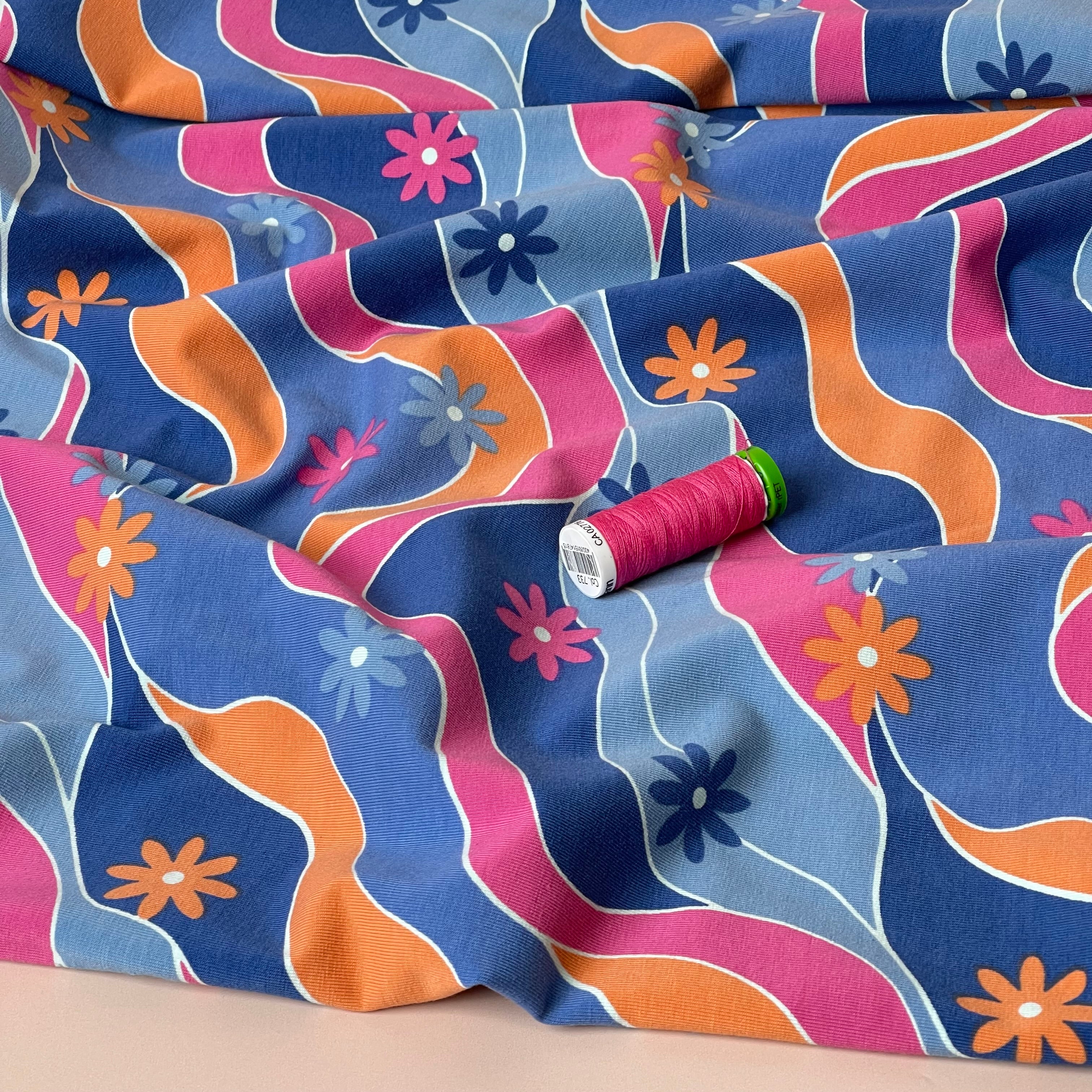 Retro Daisies on Blue Cotton Jersey Fabric