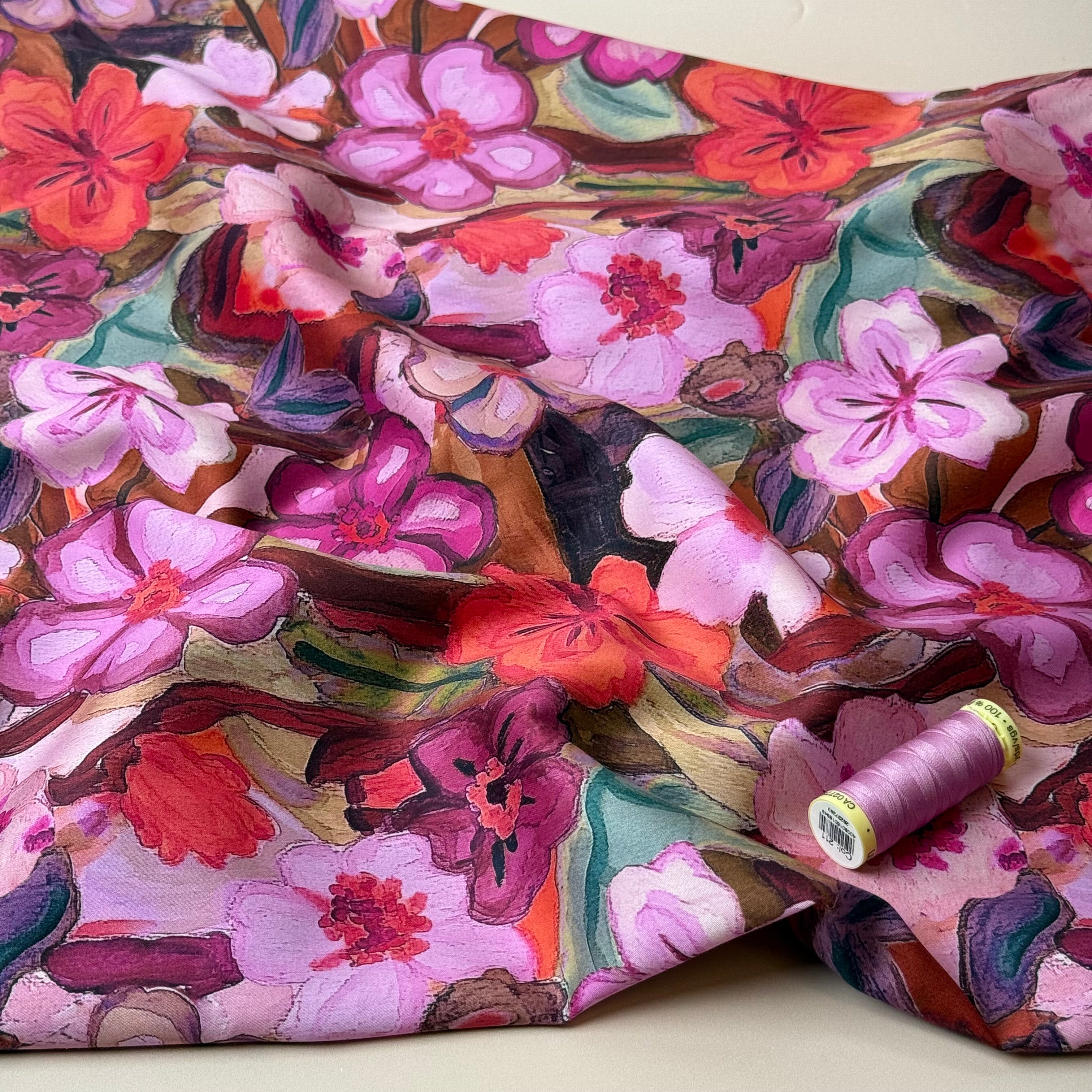Pink Pastel Flowers Cotton Sateen Fabric