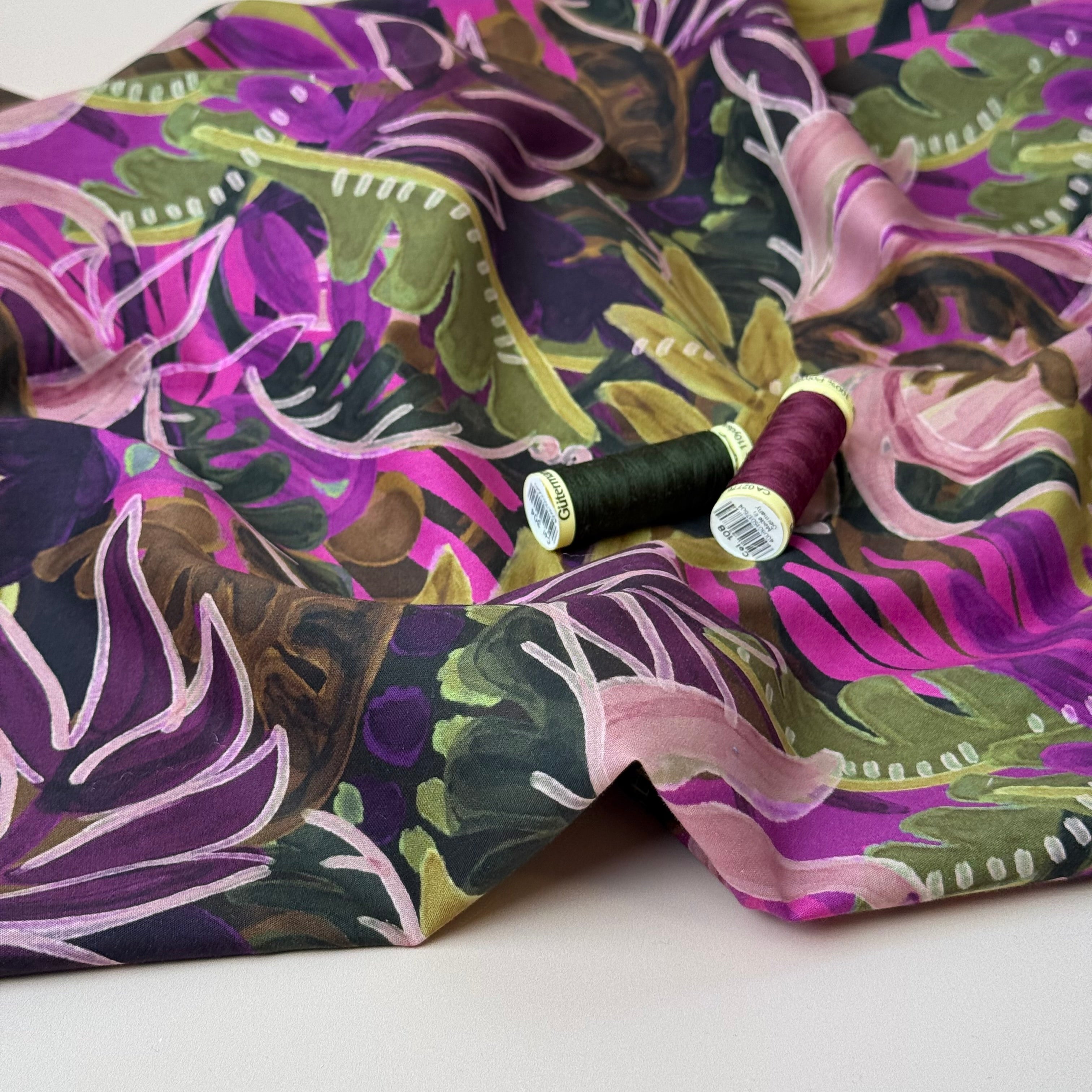 Tropical Foliage Magenta Cotton Viscose Fabric