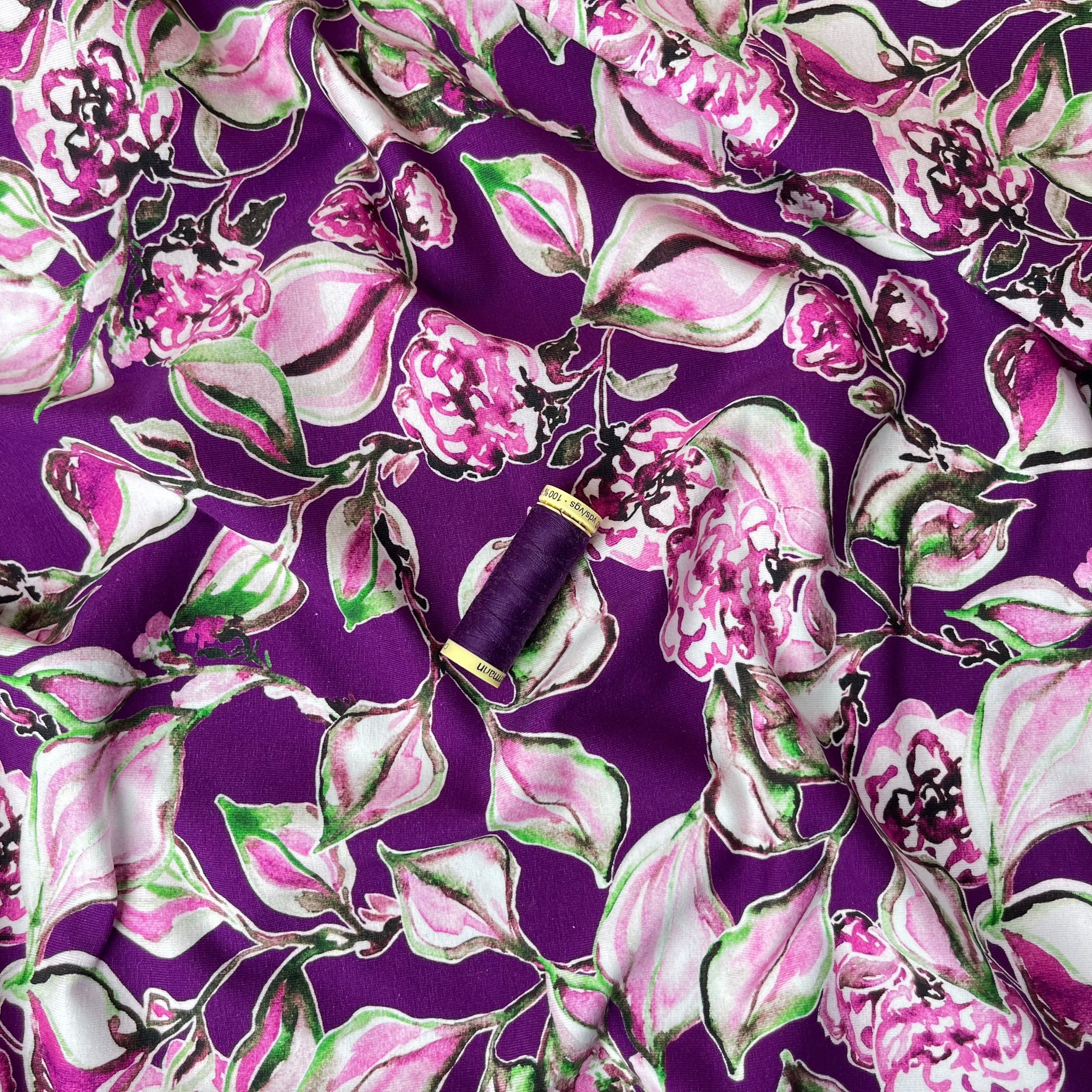 Danish Design - Painterly Flowers on Purple Cotton Jersey Fabric