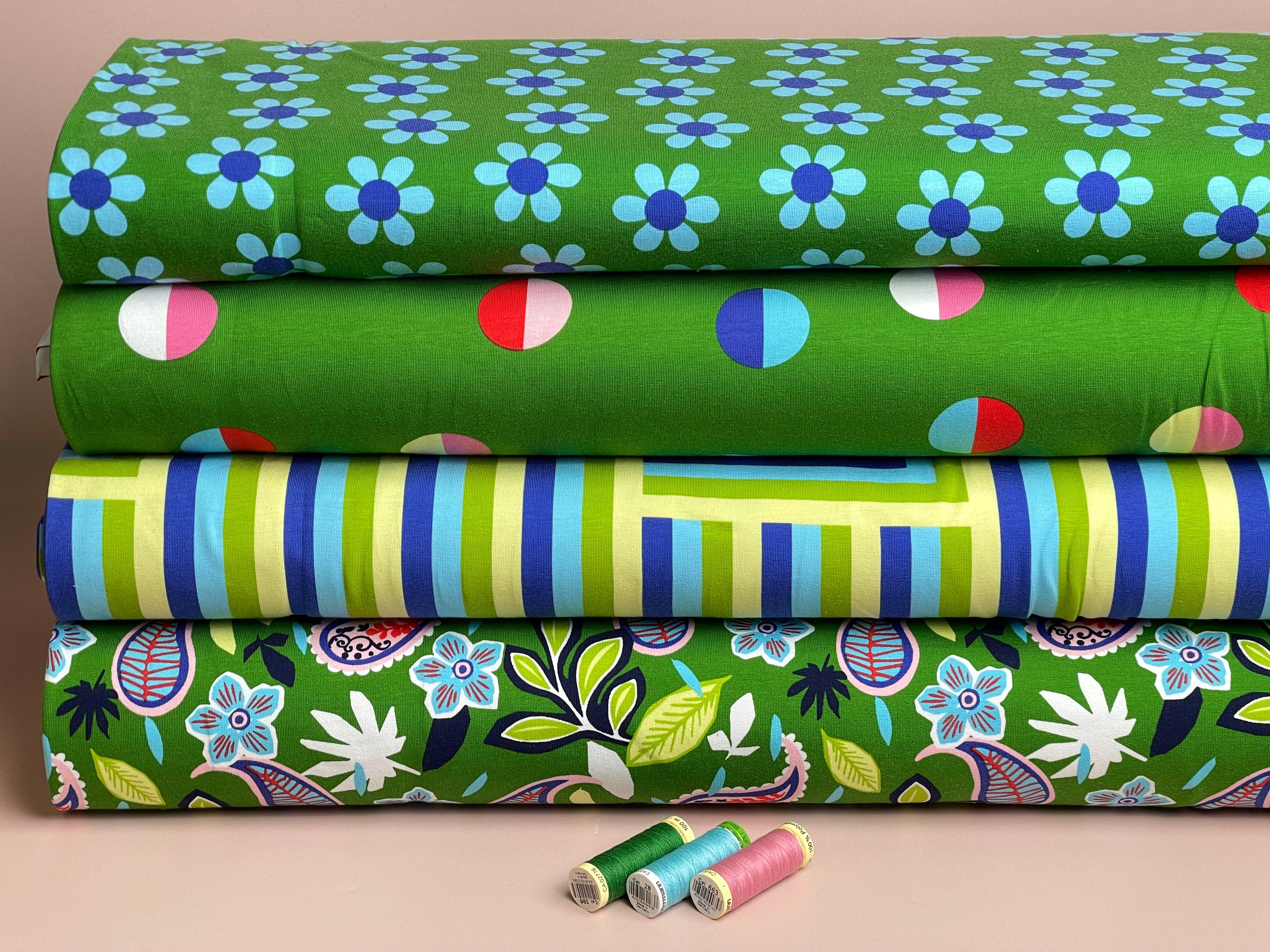REMNANT 1.5 Metres - Rainbow Maze Turquoise Cotton Jersey Fabric
