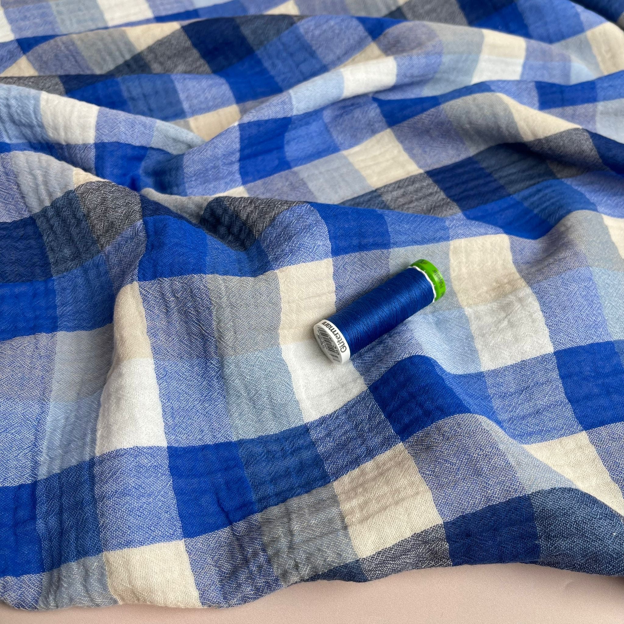 REMNANT 2.18 Metres - Checked Cobalt Cotton Double Gauze