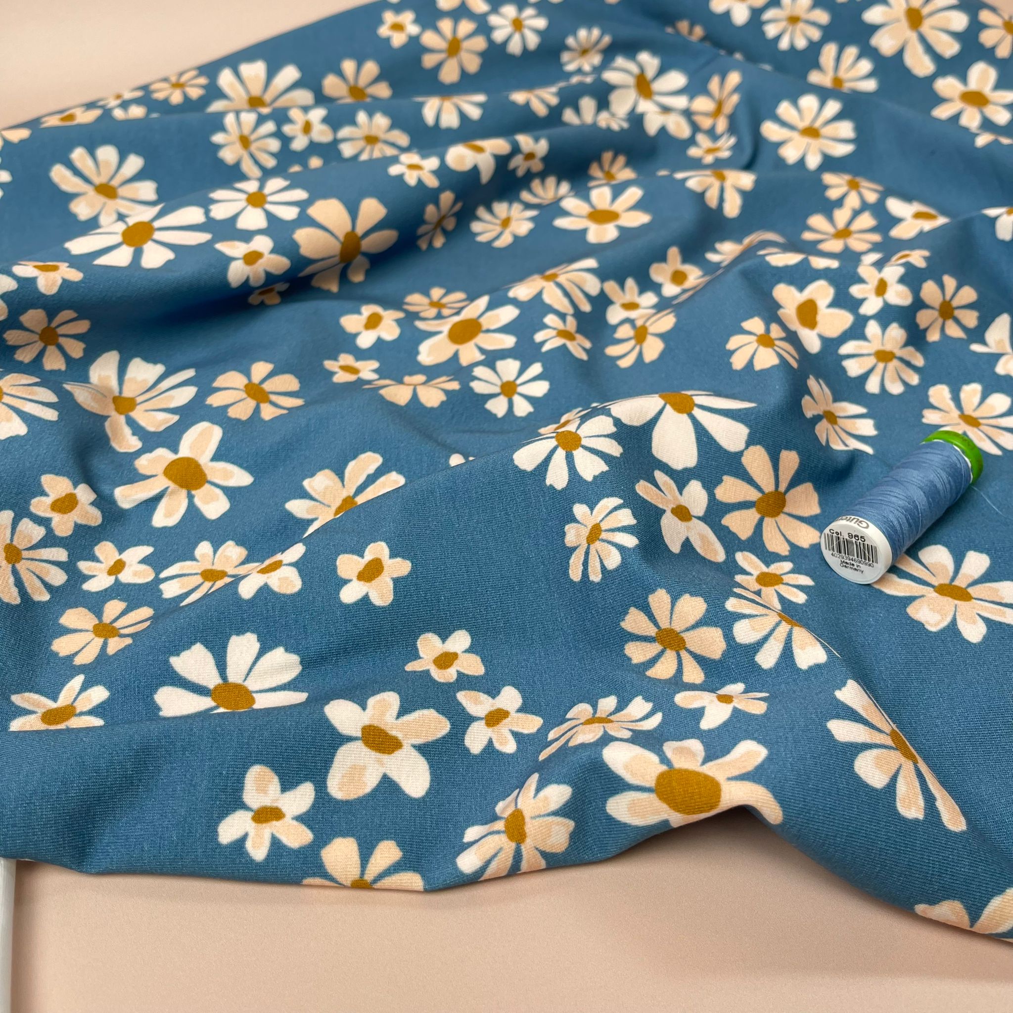 Danish Design - White Flowers on Blue Cotton Jersey Fabric