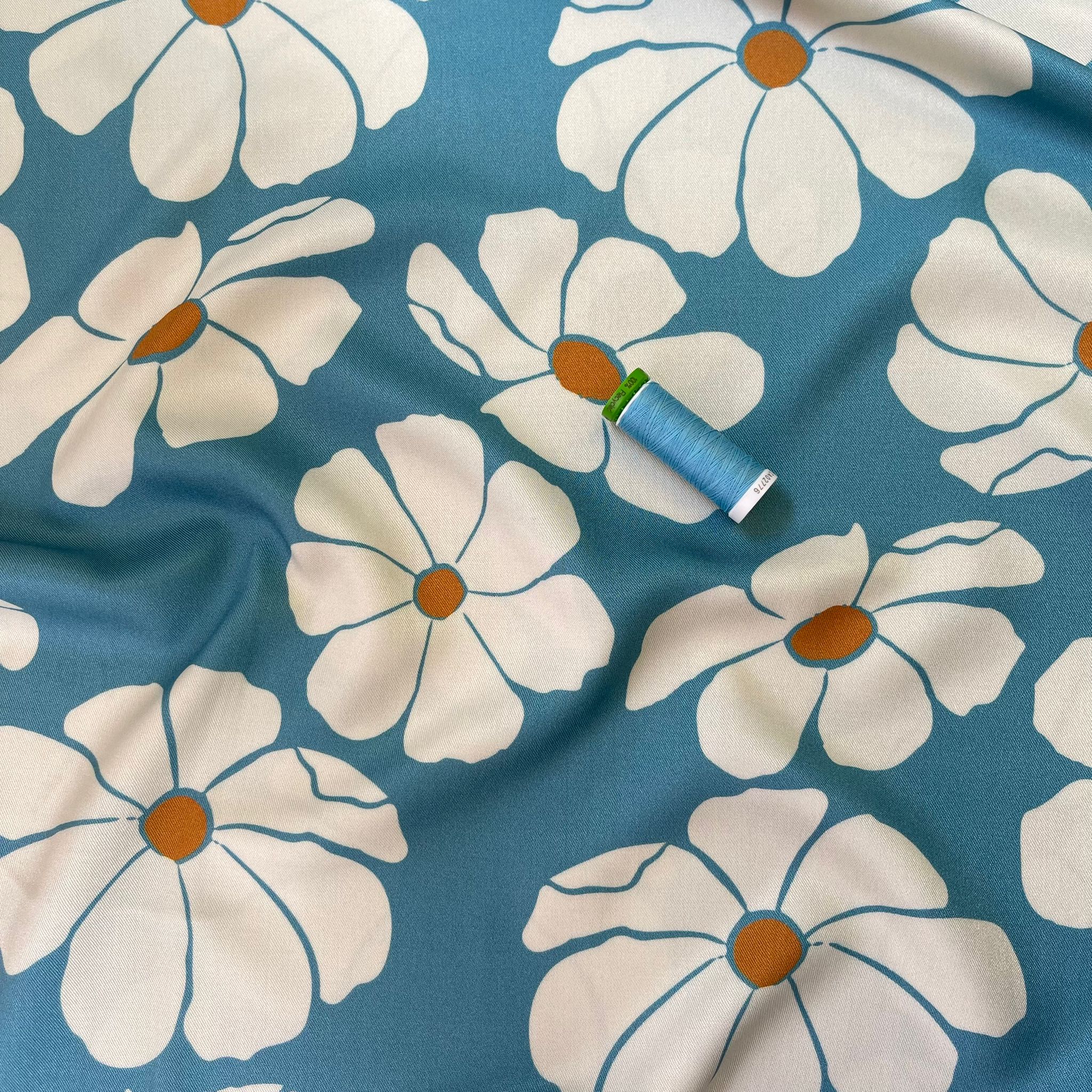 REMNANT 2.34 Metres - Light & Lush - Bold White Blooms on Blue Viscose Twill Fabric