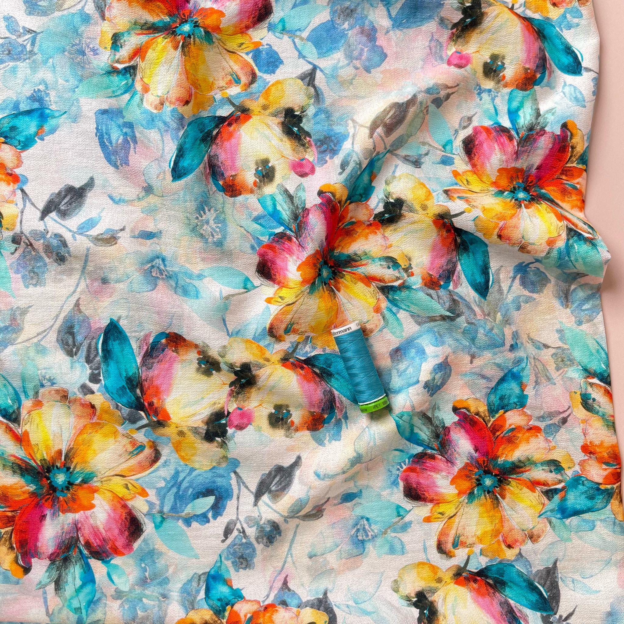 Watercolour Sunset Blooms on Turquoise Textured Viscose Fabric