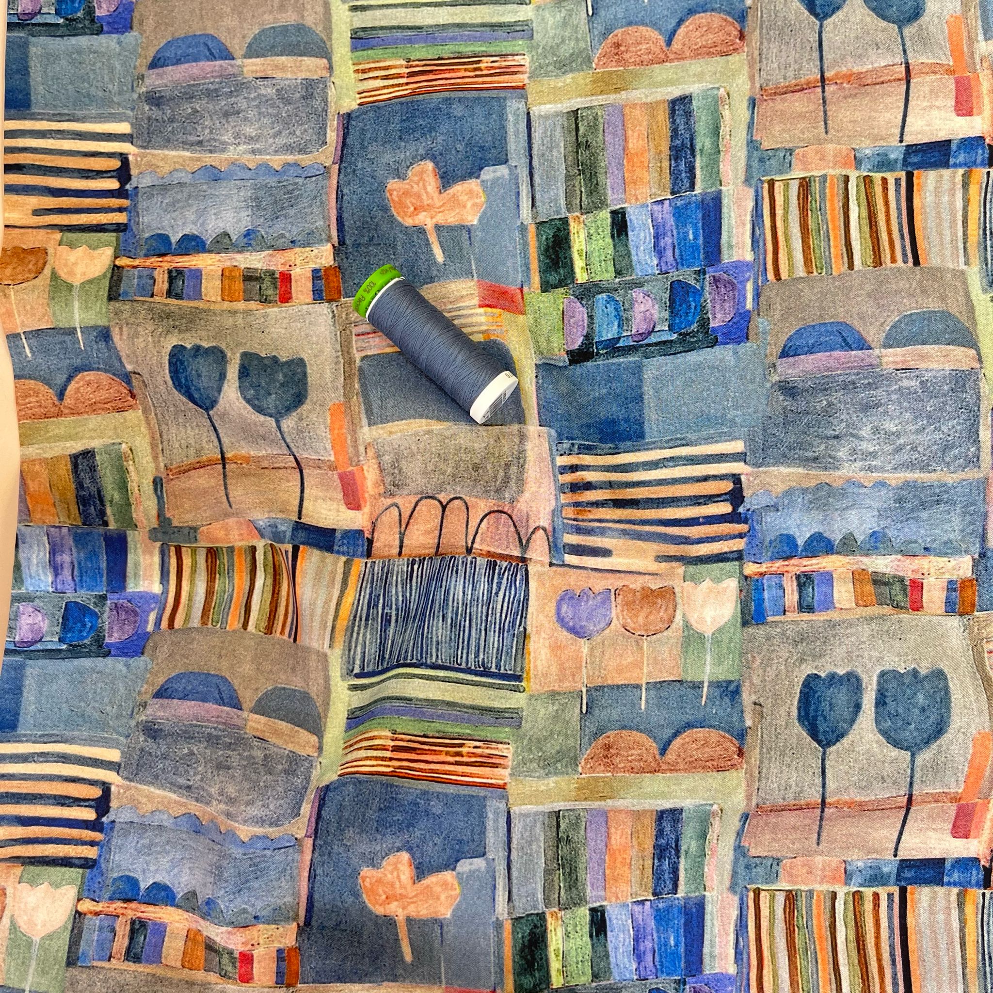 REMNANT 0.67 Metre - Patchwork Sketches Dusty Blue Viscose Fabric
