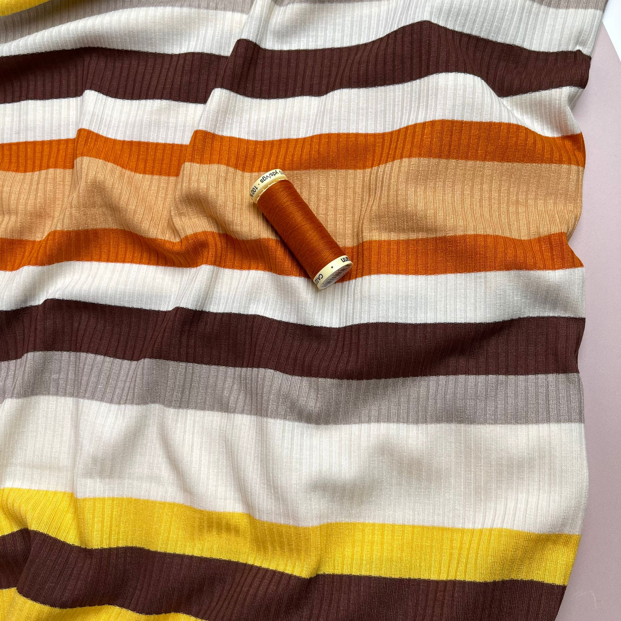 REMNANT 0.3 Metre - Yarn Dyed Golden Autumn Striped Cotton Ribbed Jersey