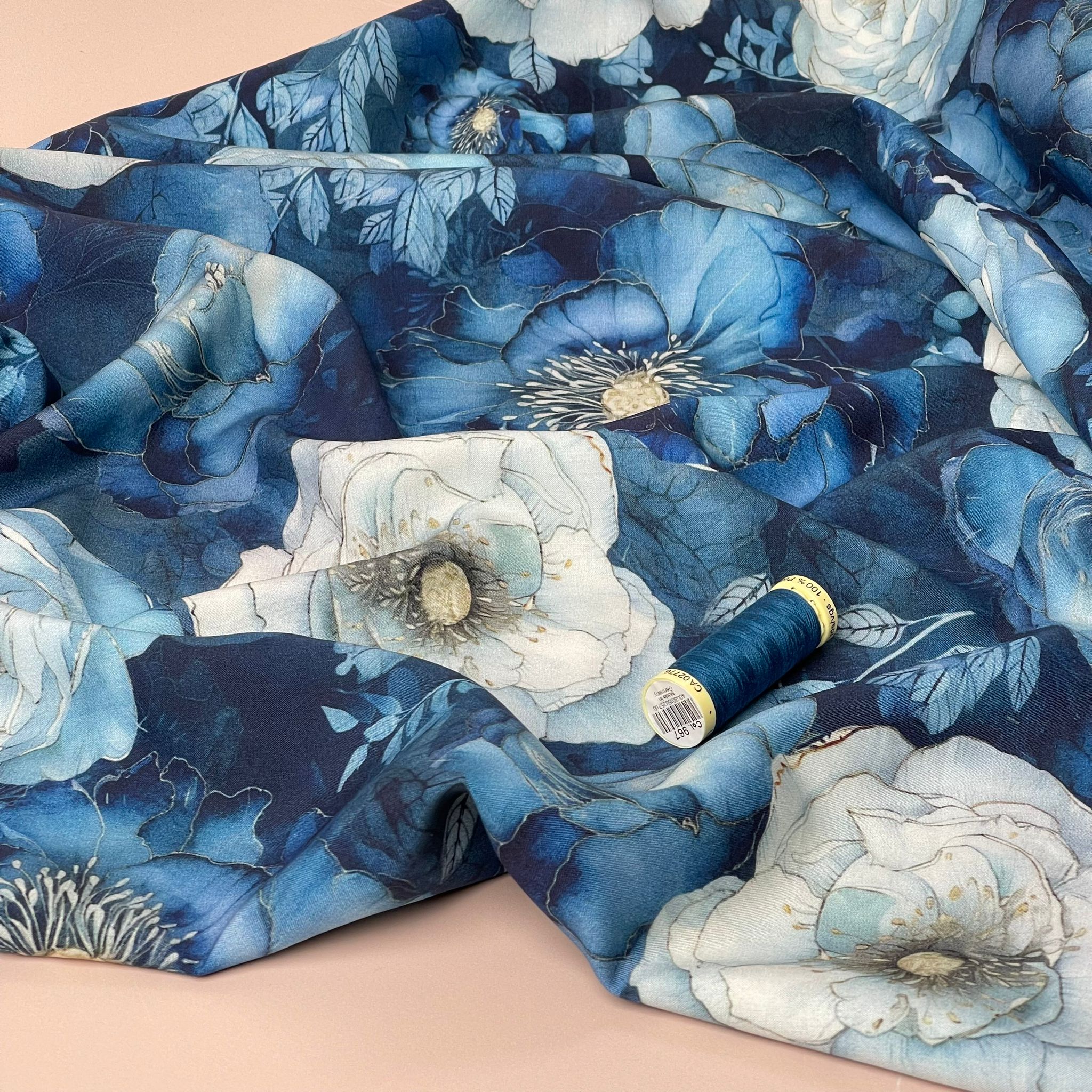 Peony Blooms on Blue Viscose Fabric