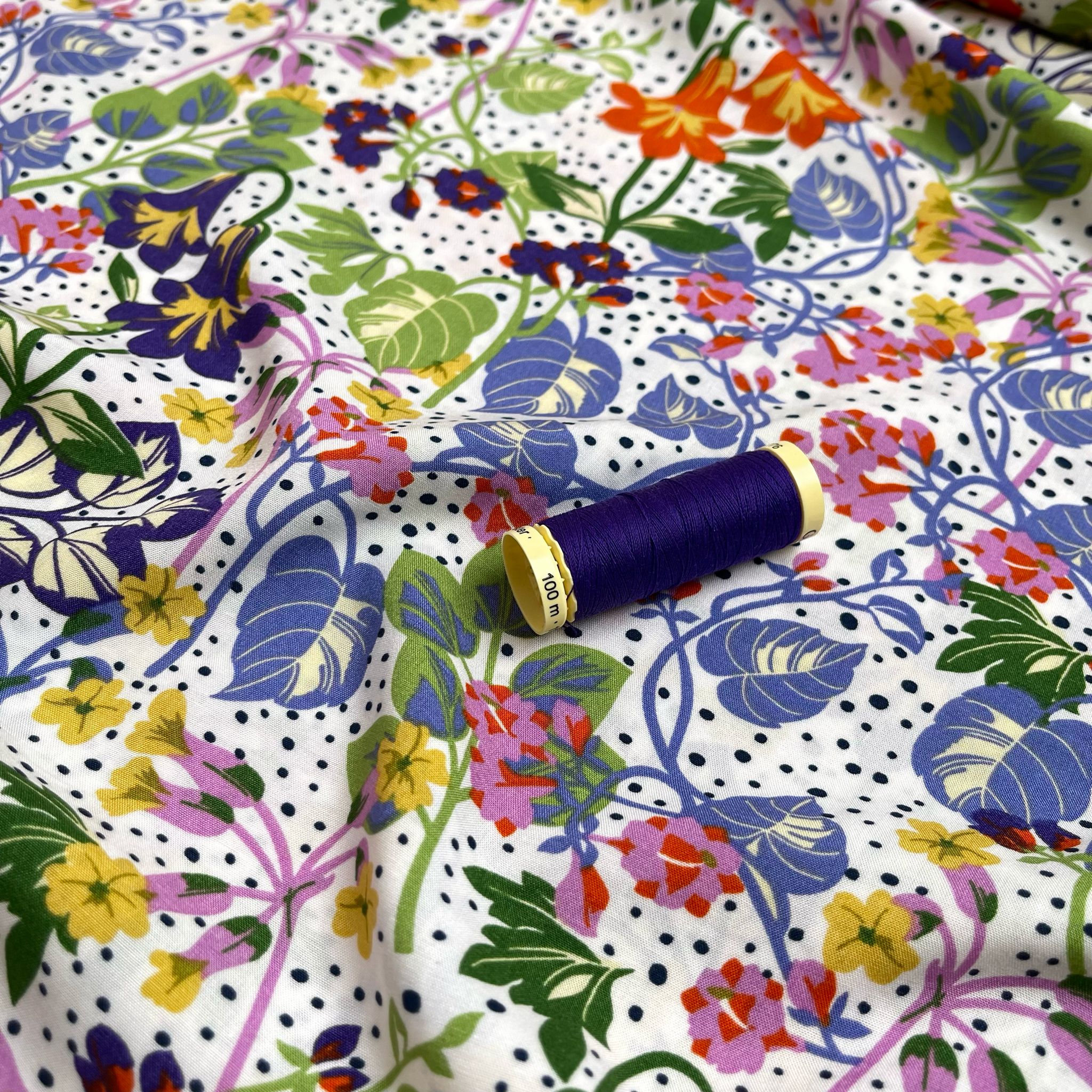 Tropical Foliage on White Viscose Fabric