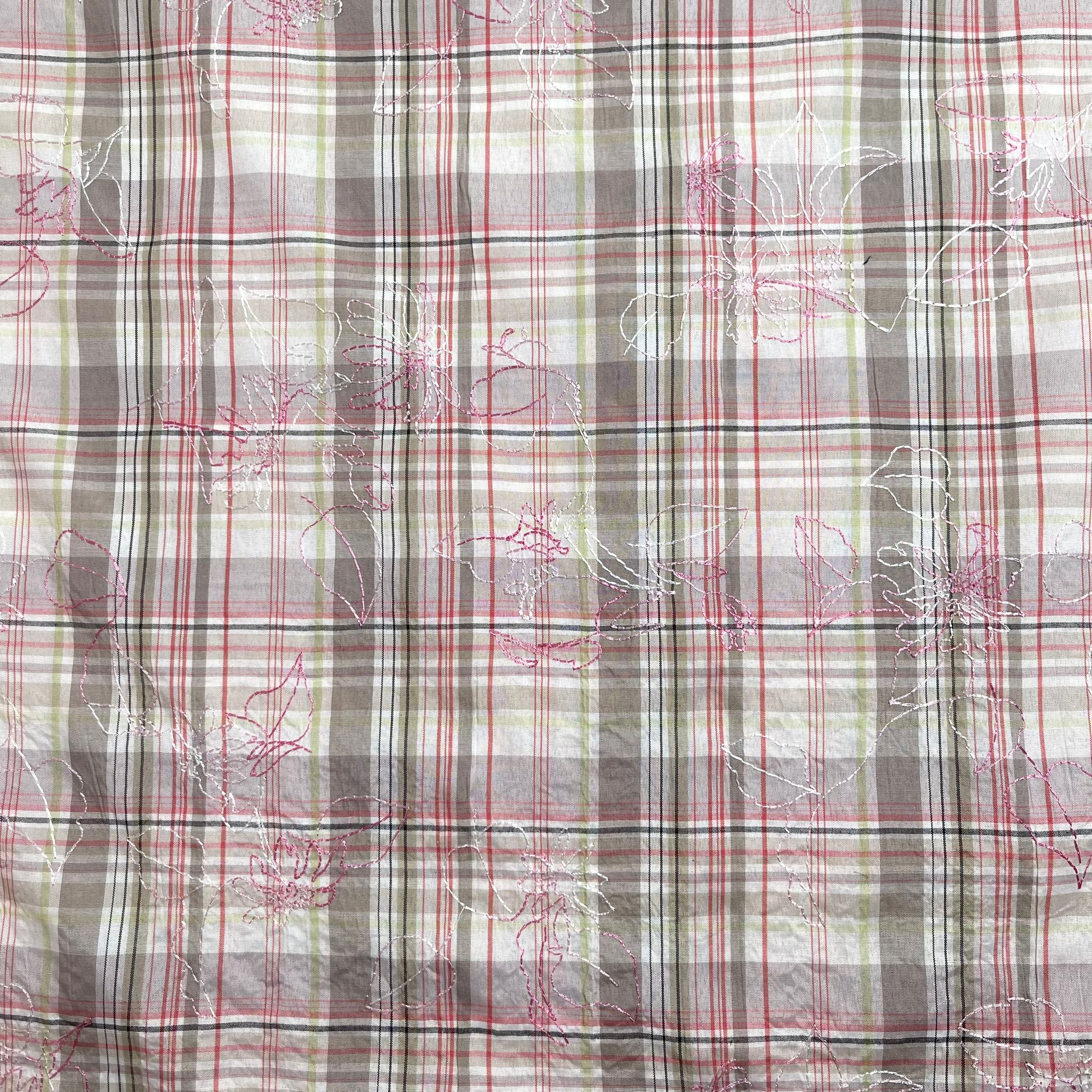 Ex-Designer Deadstock - Embroidered Flowers on Rose Check Poly Cotton Fabric