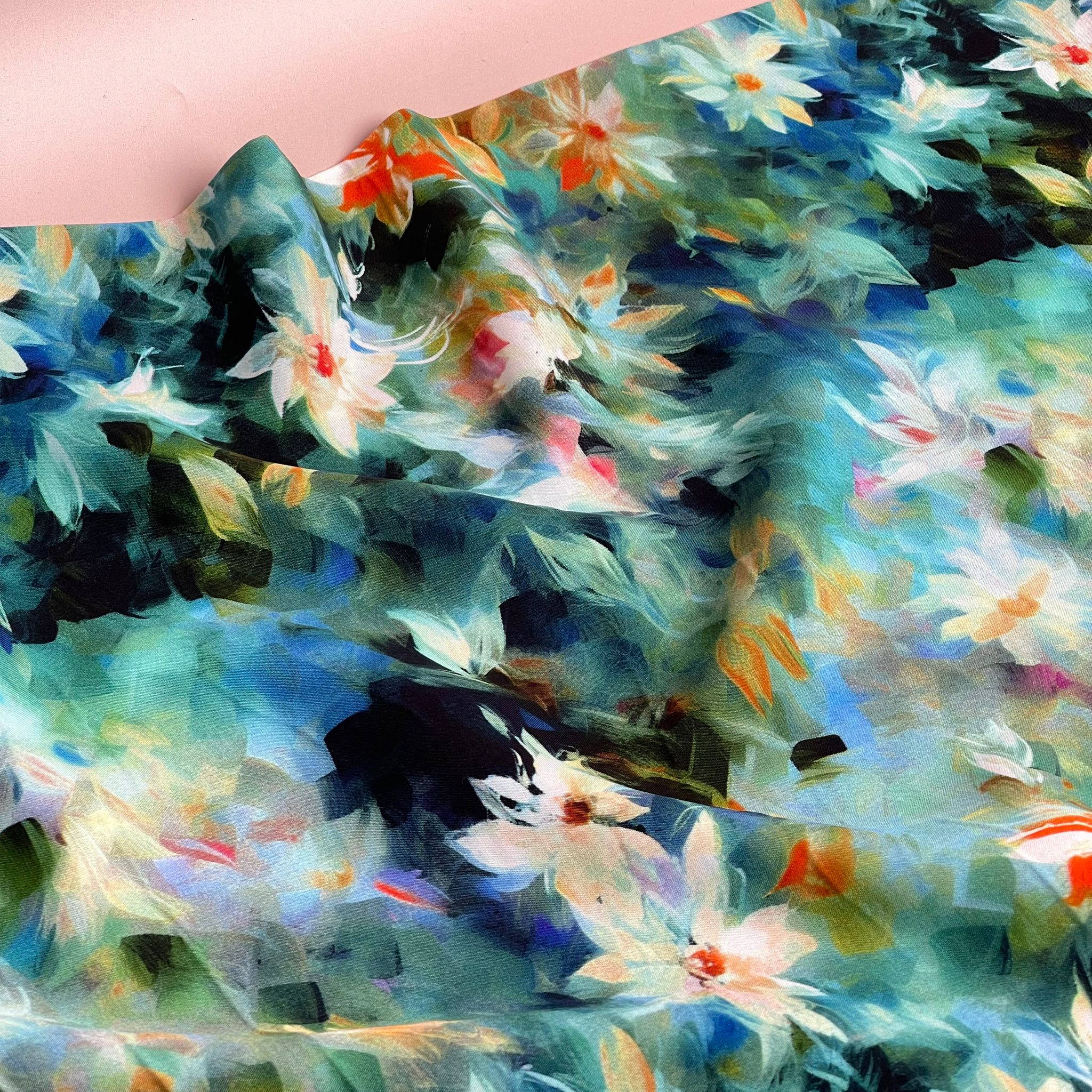 Watercolour Florals Teal Viscose Poplin Fabric