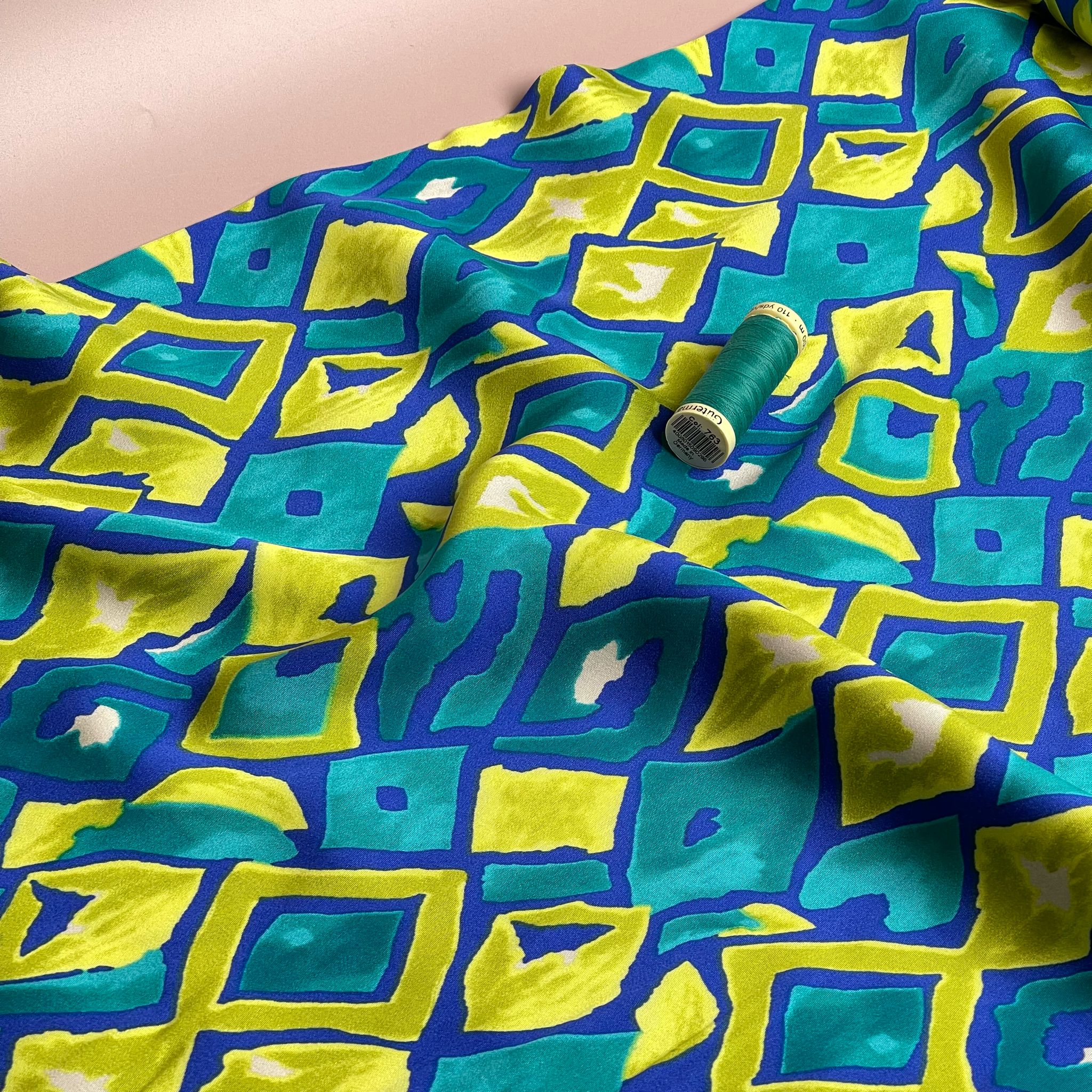 REMNANT 0.43 Metre - Painted Ocean Waves Diamonds Viscose Sateen Fabric