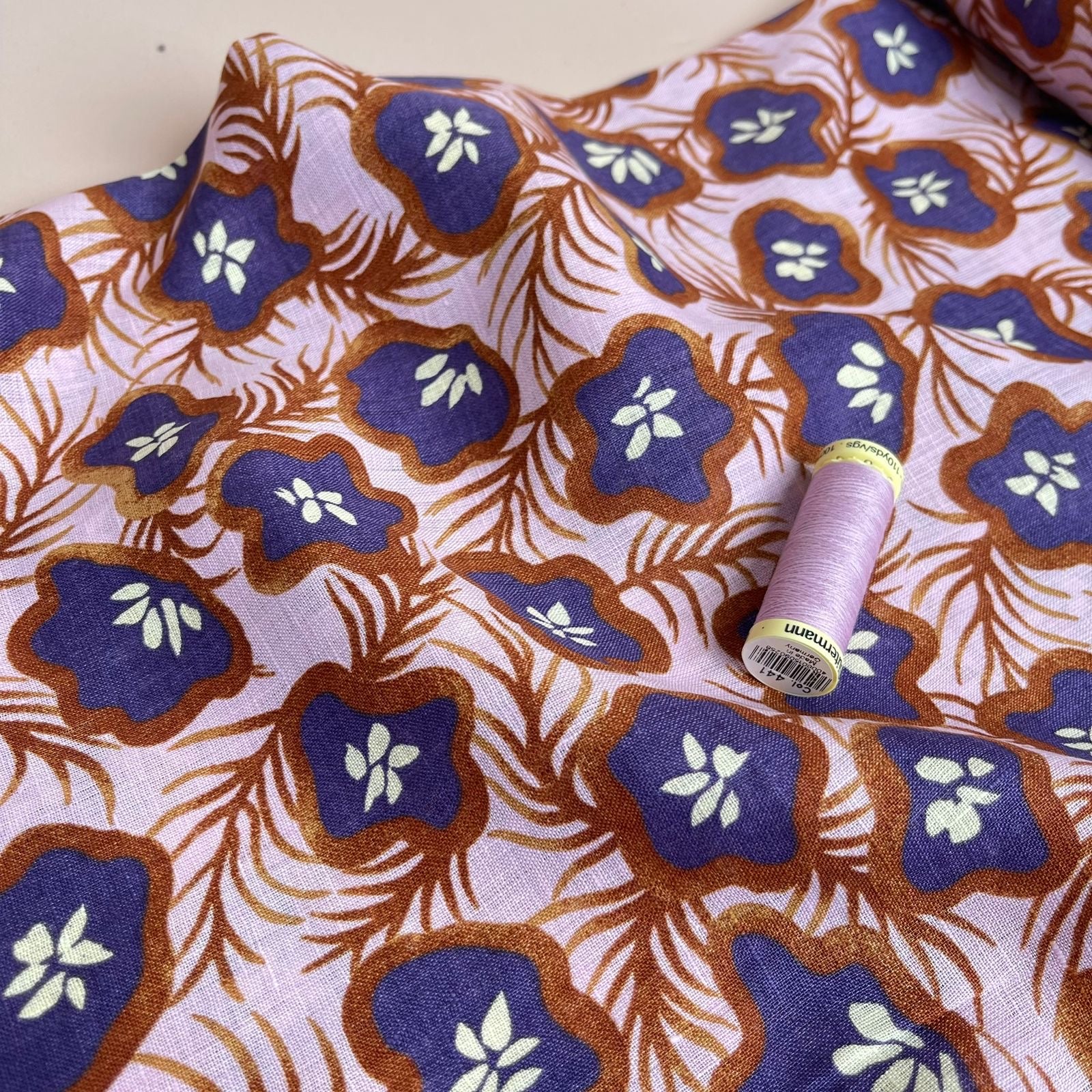 Ex-Designer Deadstock Tropical Fruits on Lilac Pure Linen Fabric