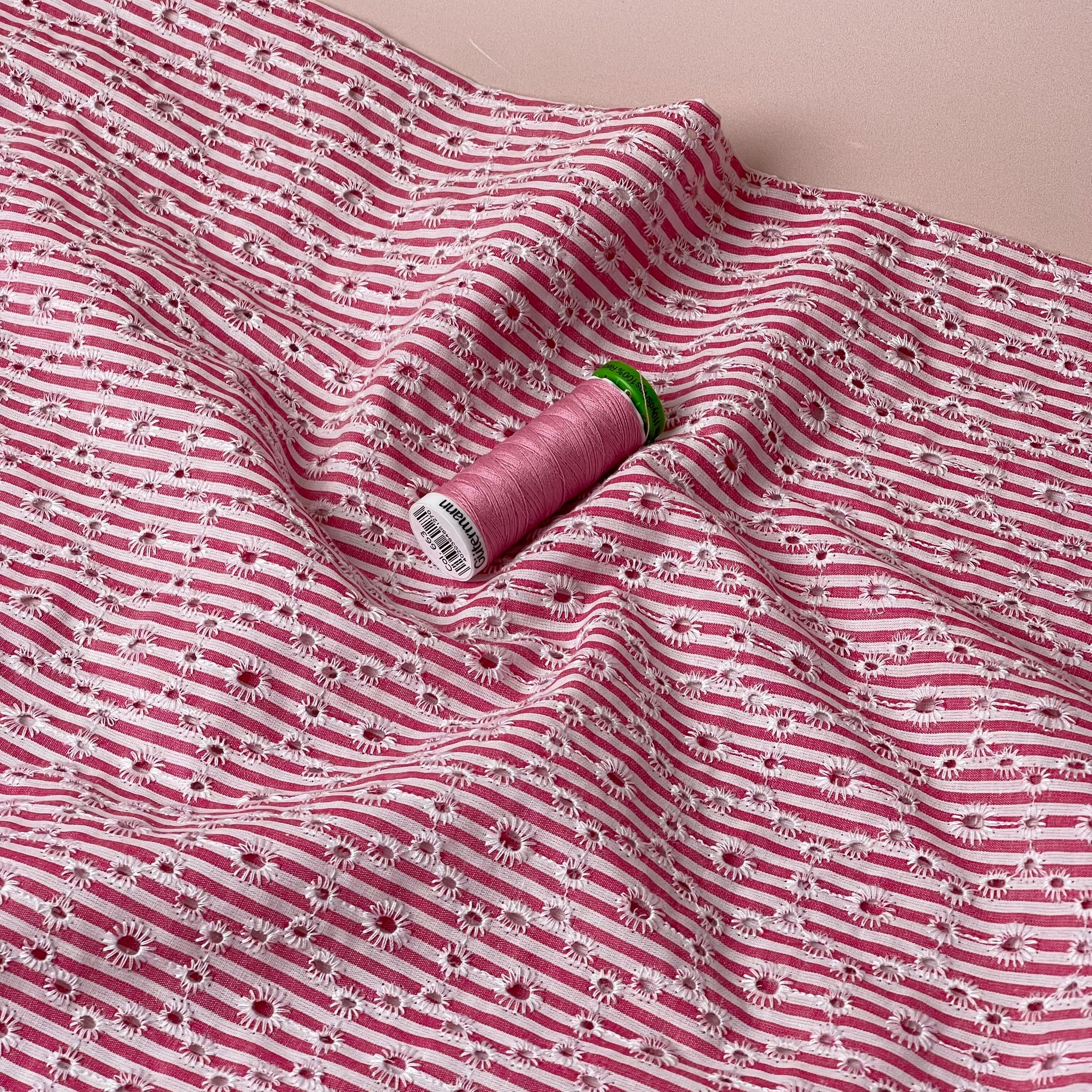 Candy Pink Striped Broderie Anglaise Cotton Fabric