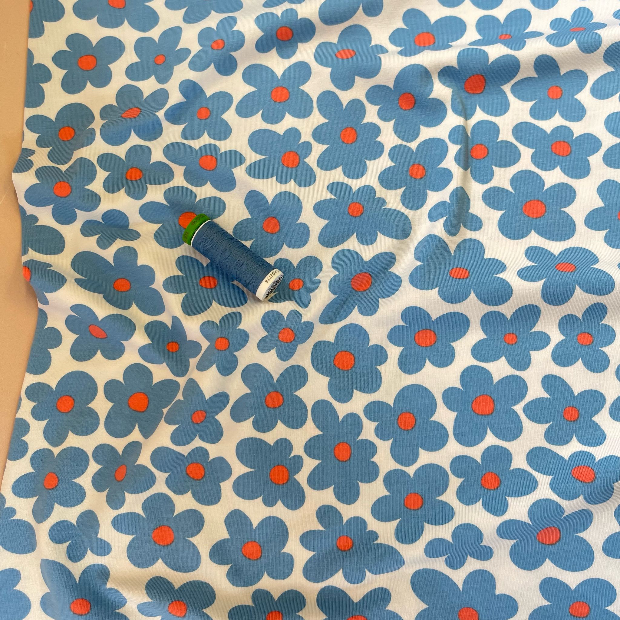 Fun Flowers in Blue Cotton Jersey Fabric