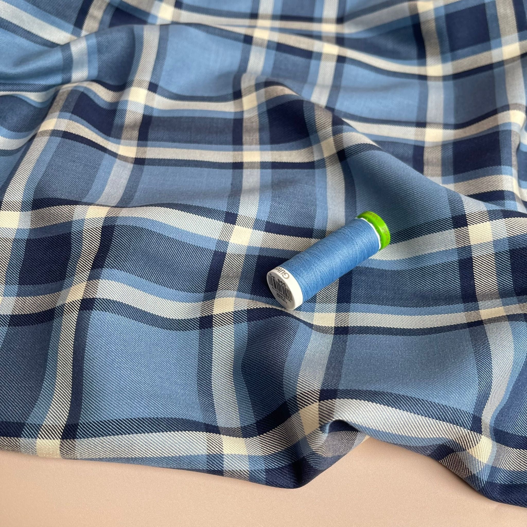 Yarn Dyed Blue Check Viscose Twill Fabric