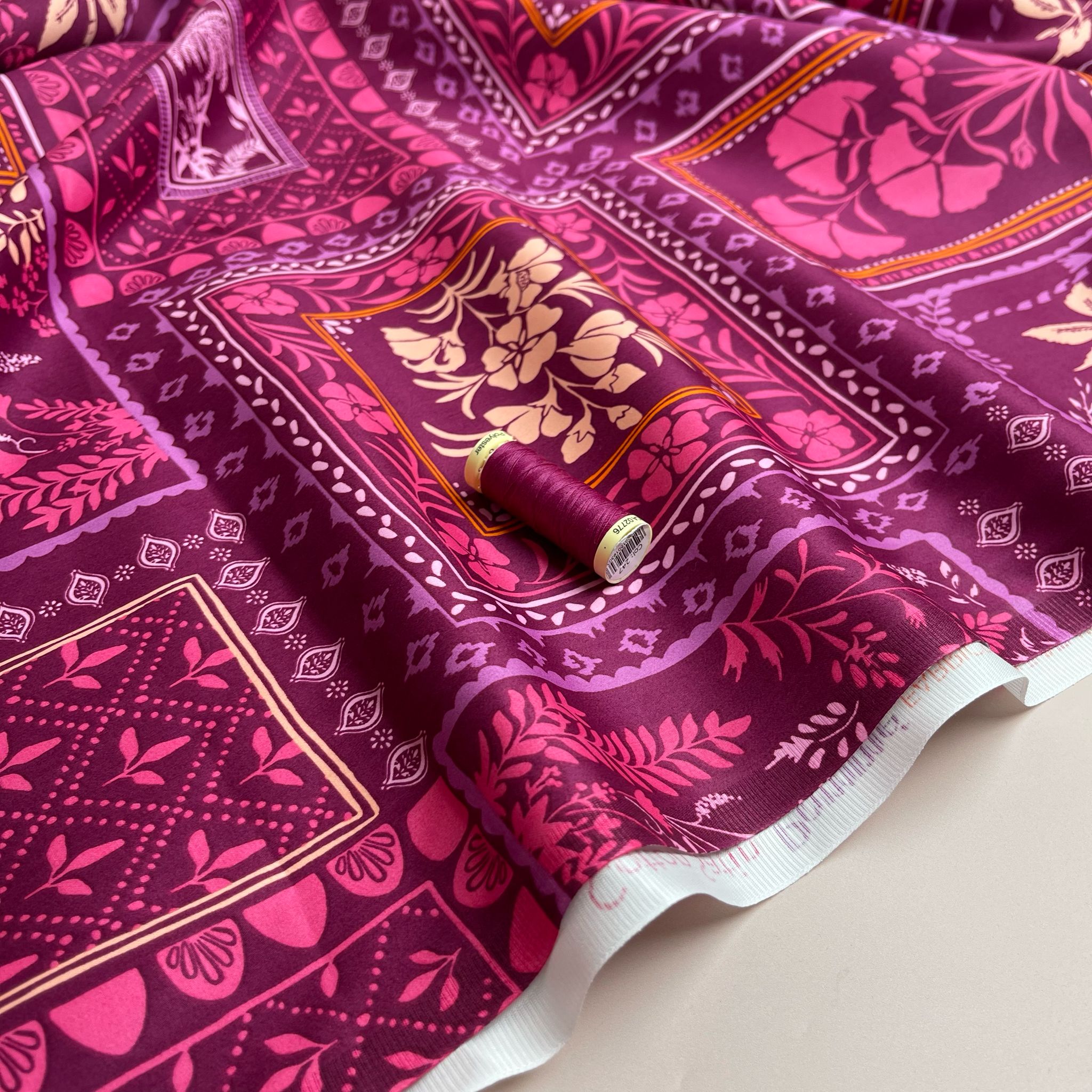 Patchwork Foliage Fuchsia Cotton Sateen Fabric