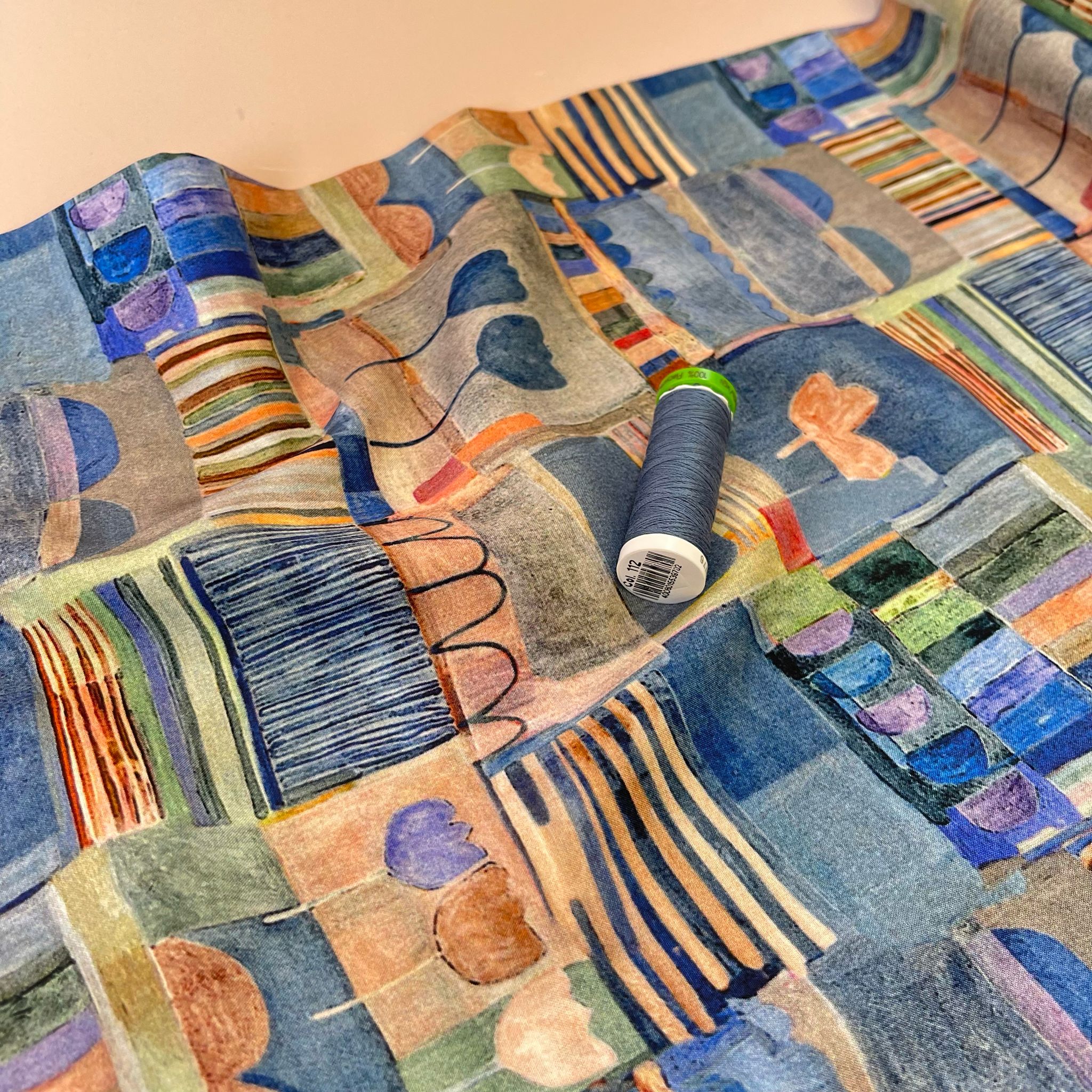 REMNANT 0.67 Metre - Patchwork Sketches Dusty Blue Viscose Fabric