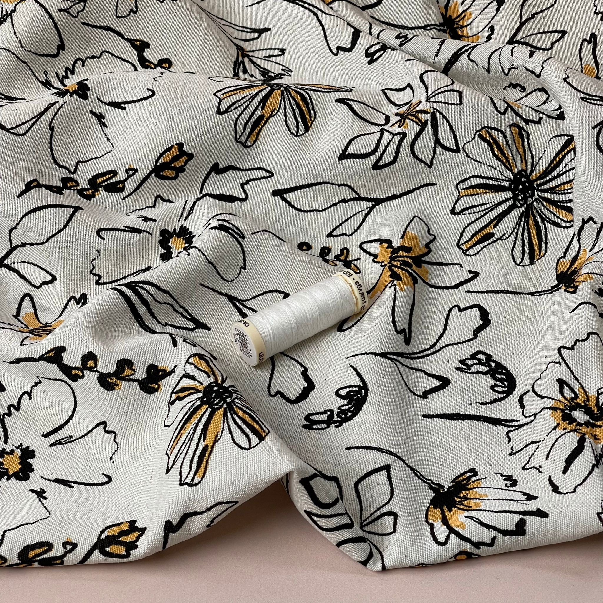 REMNANT 1.56 Metres - Sketched Flowers Yellow Viscose Linen Fabric