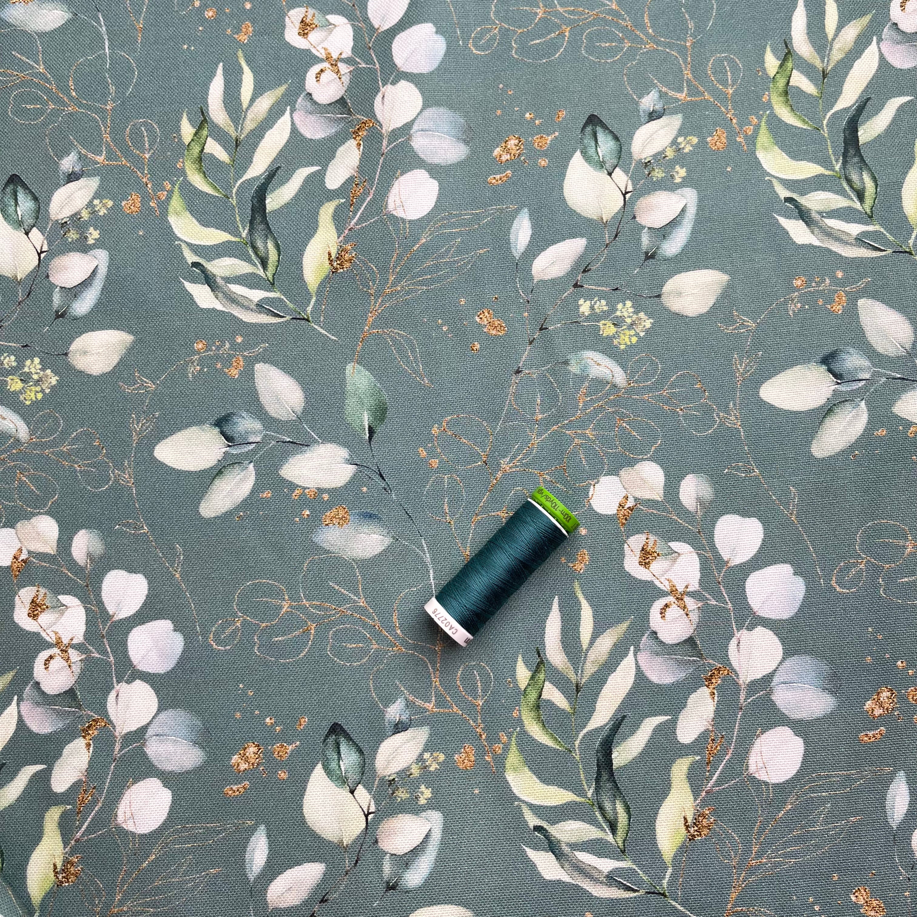 Eucalyptus Leaves on Sage Green Cotton Canvas
