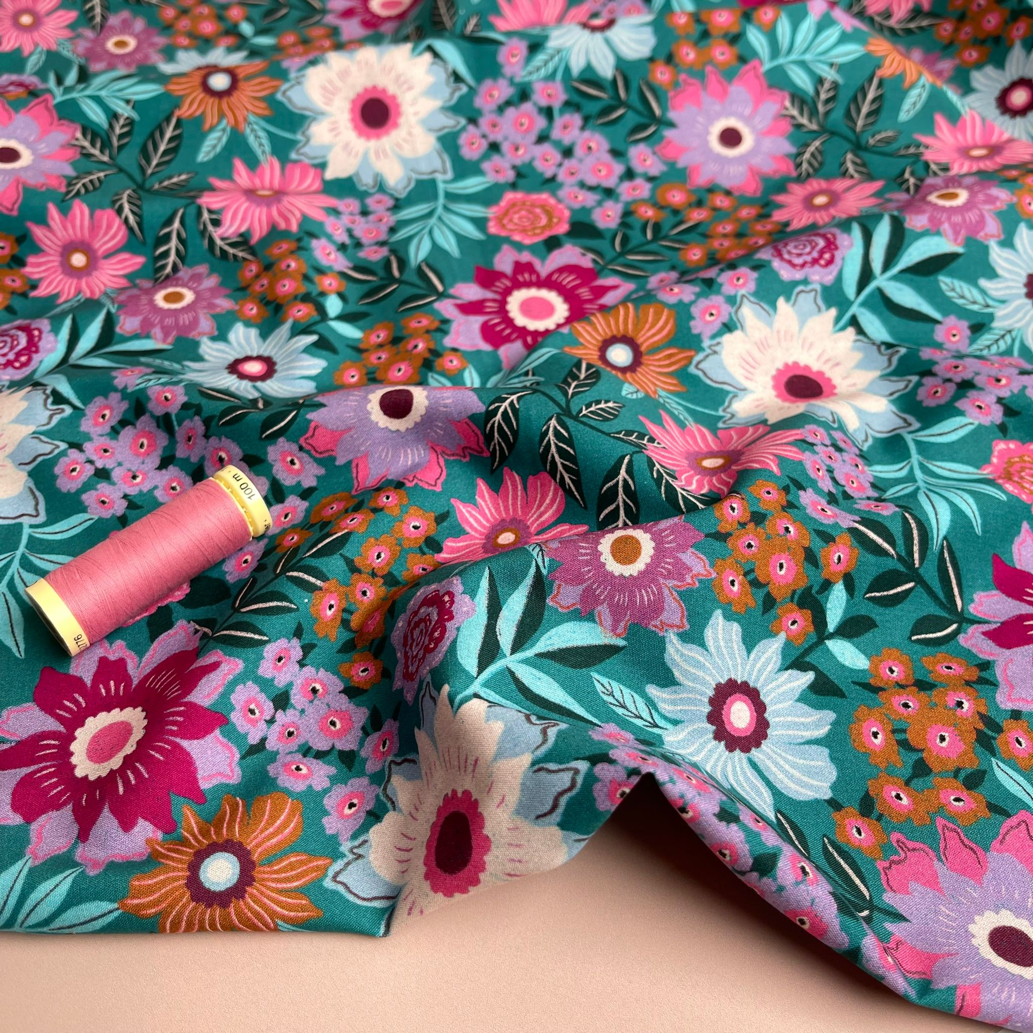 REMNANT 2.12 Metres - Flowers on Teal Cotton Poplin Fabric