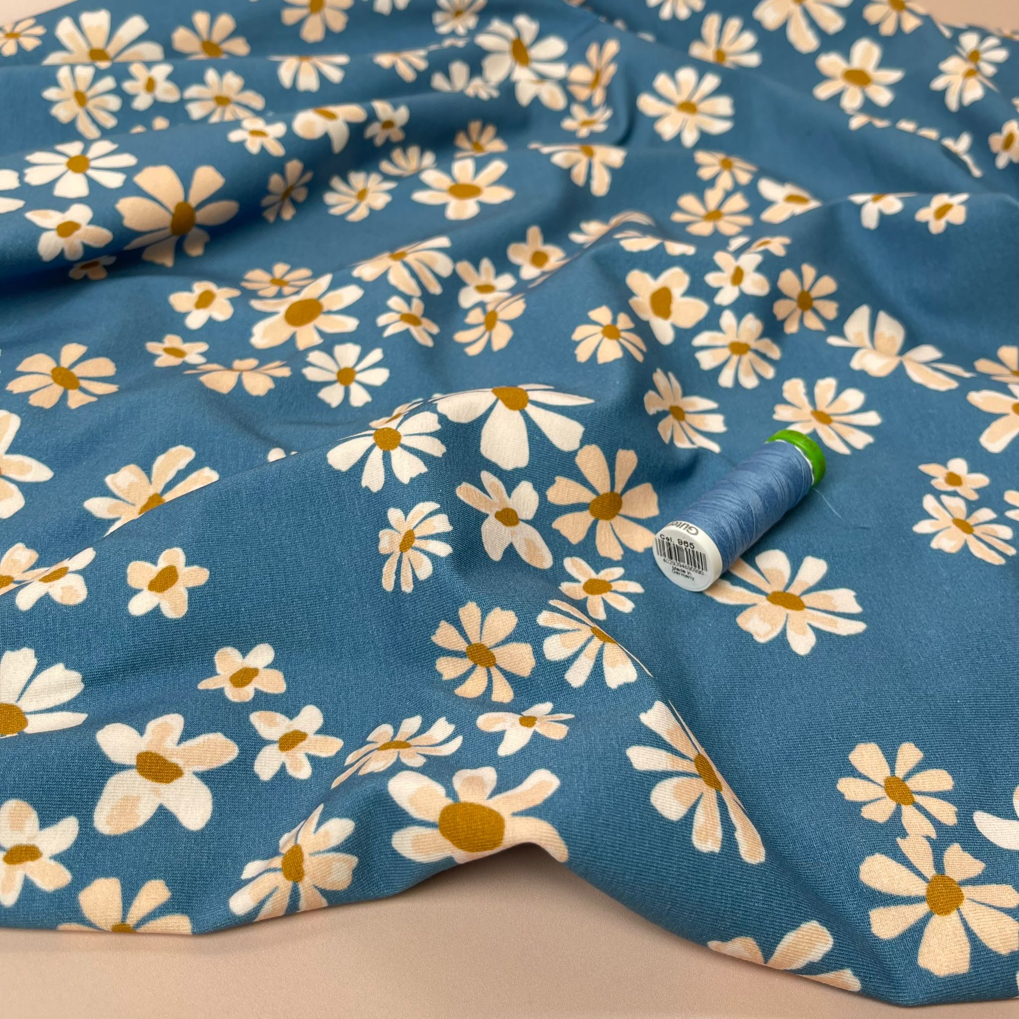 Danish Design - White Flowers on Blue Cotton Jersey Fabric