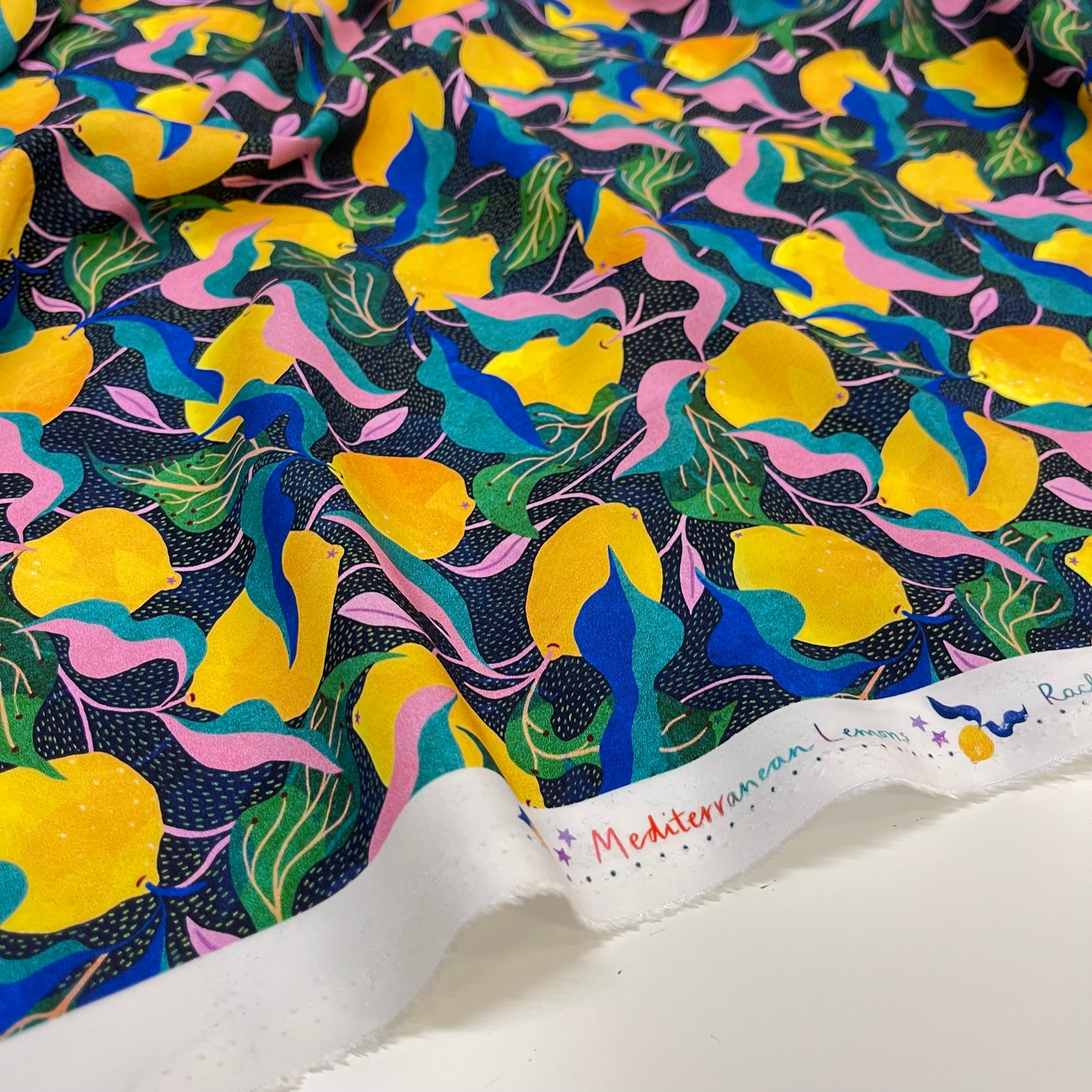 Adventure - Mediterranean Lemons Viscose in Dark Navy & Green