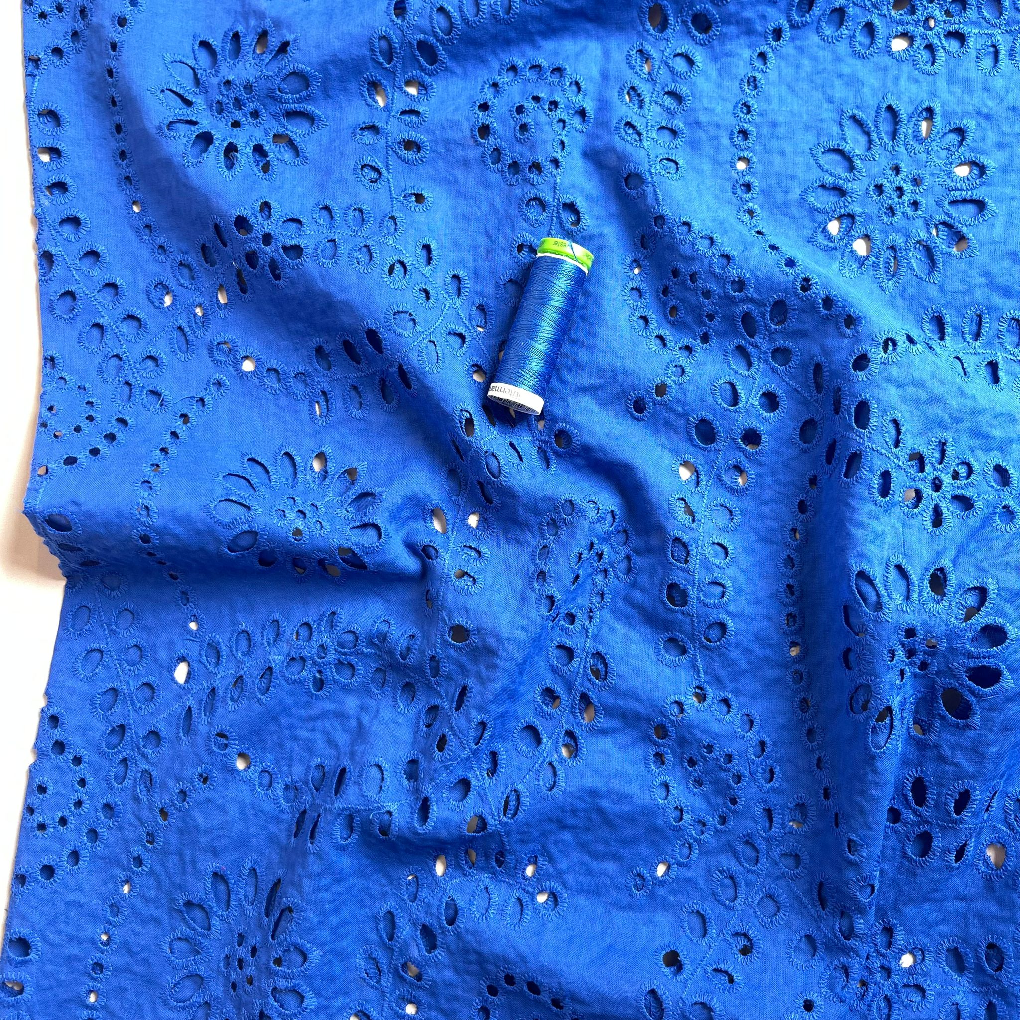 REMNANT 0.75 Metre - Sweet Vines Cobalt Blue Cotton Broderie Anglaise Fabric