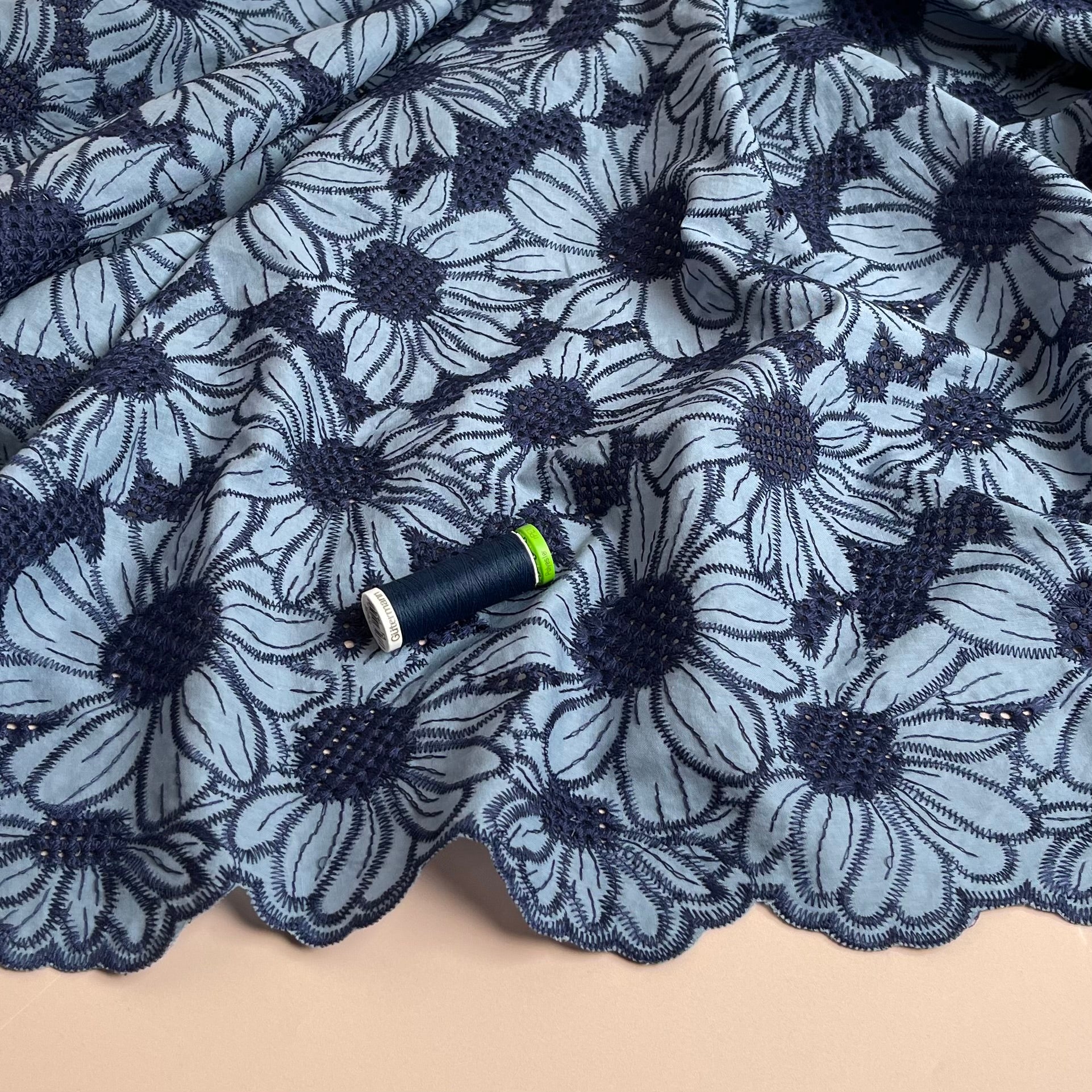 Scalloped Flowers Embroidered Cotton Fabric in Blue