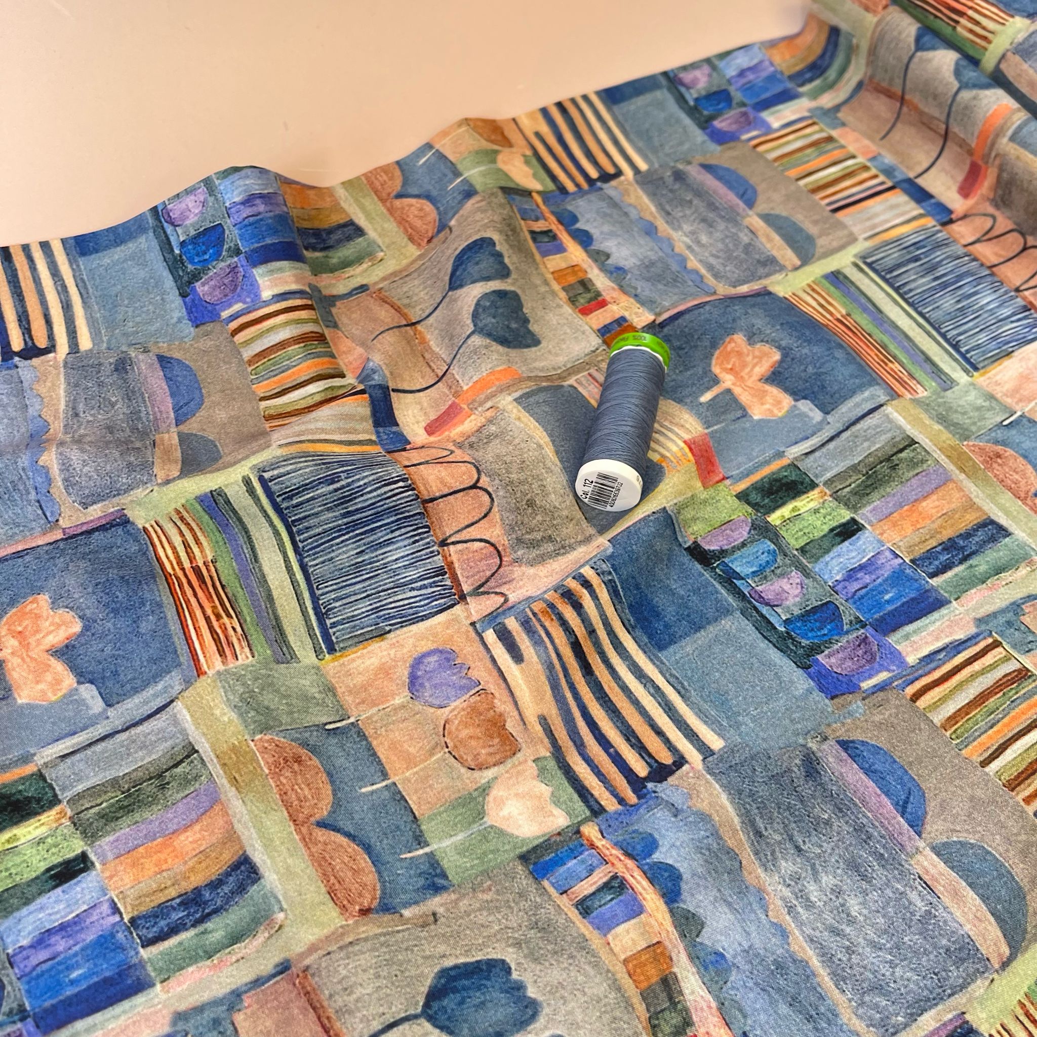 REMNANT 0.67 Metre - Patchwork Sketches Dusty Blue Viscose Fabric
