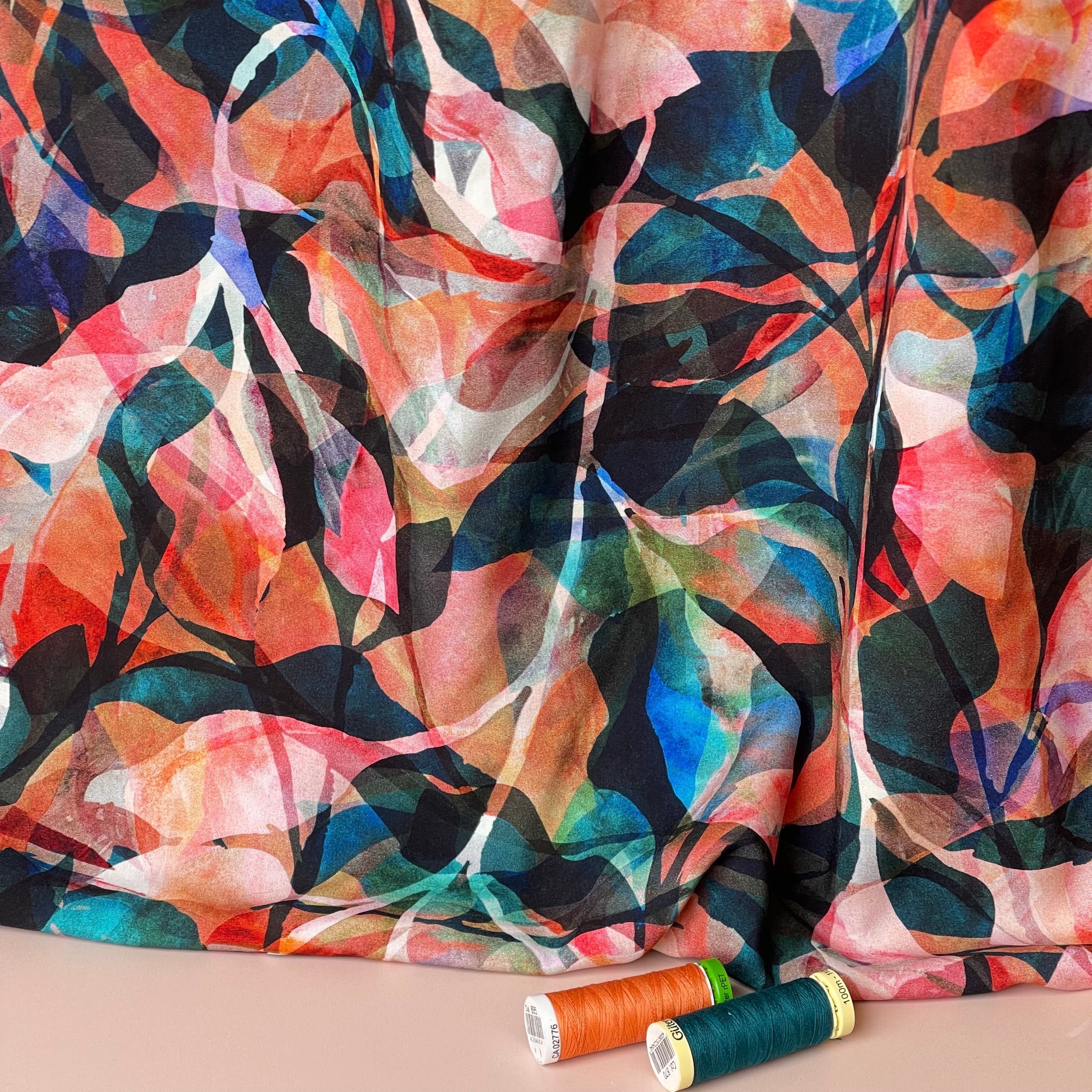 REMNANT 1 Metre - Summer Party - Painted Foliage Sunset Viscose Fabric