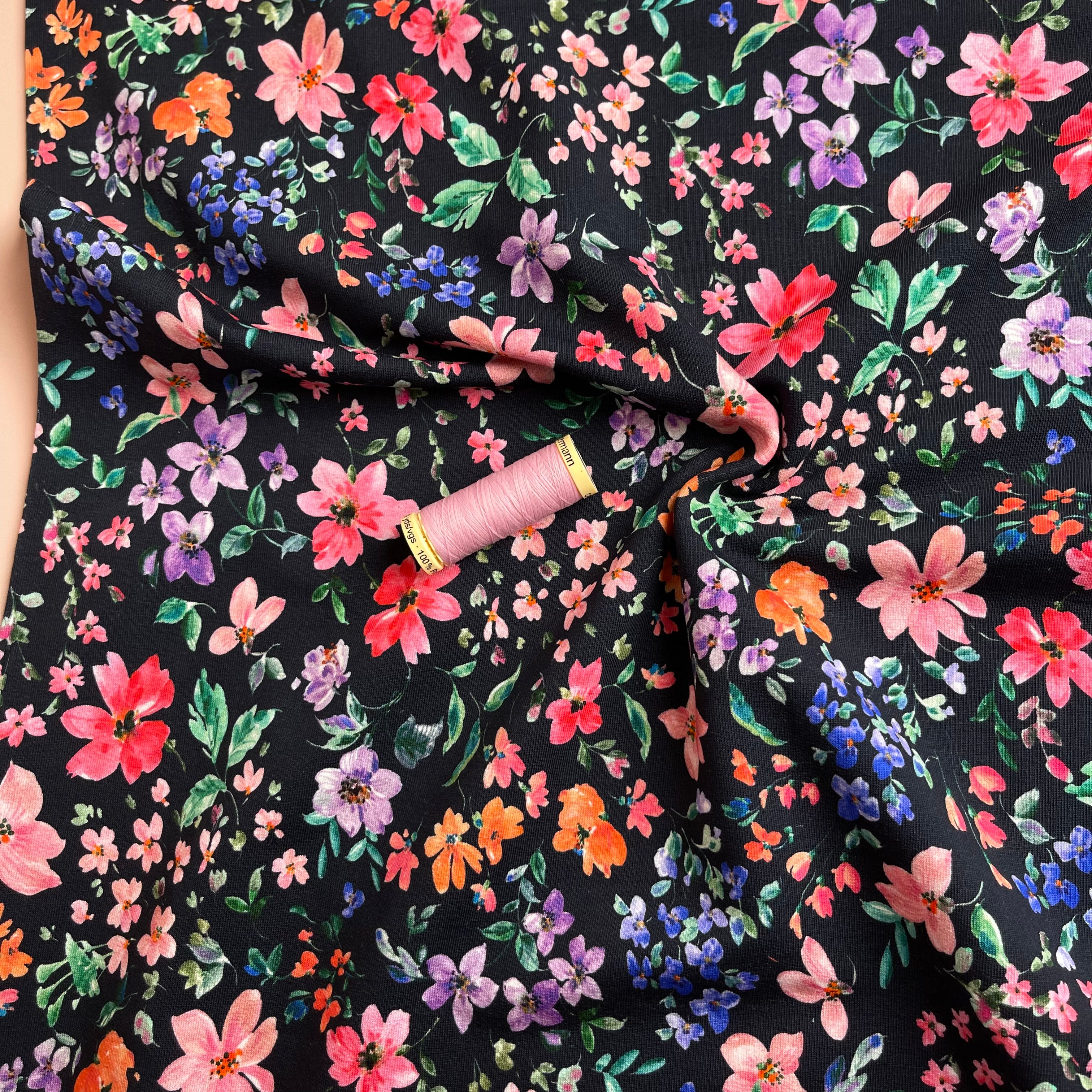 REMNANT 2.65 Metres - Small Flowers on Navy Cotton French Terry