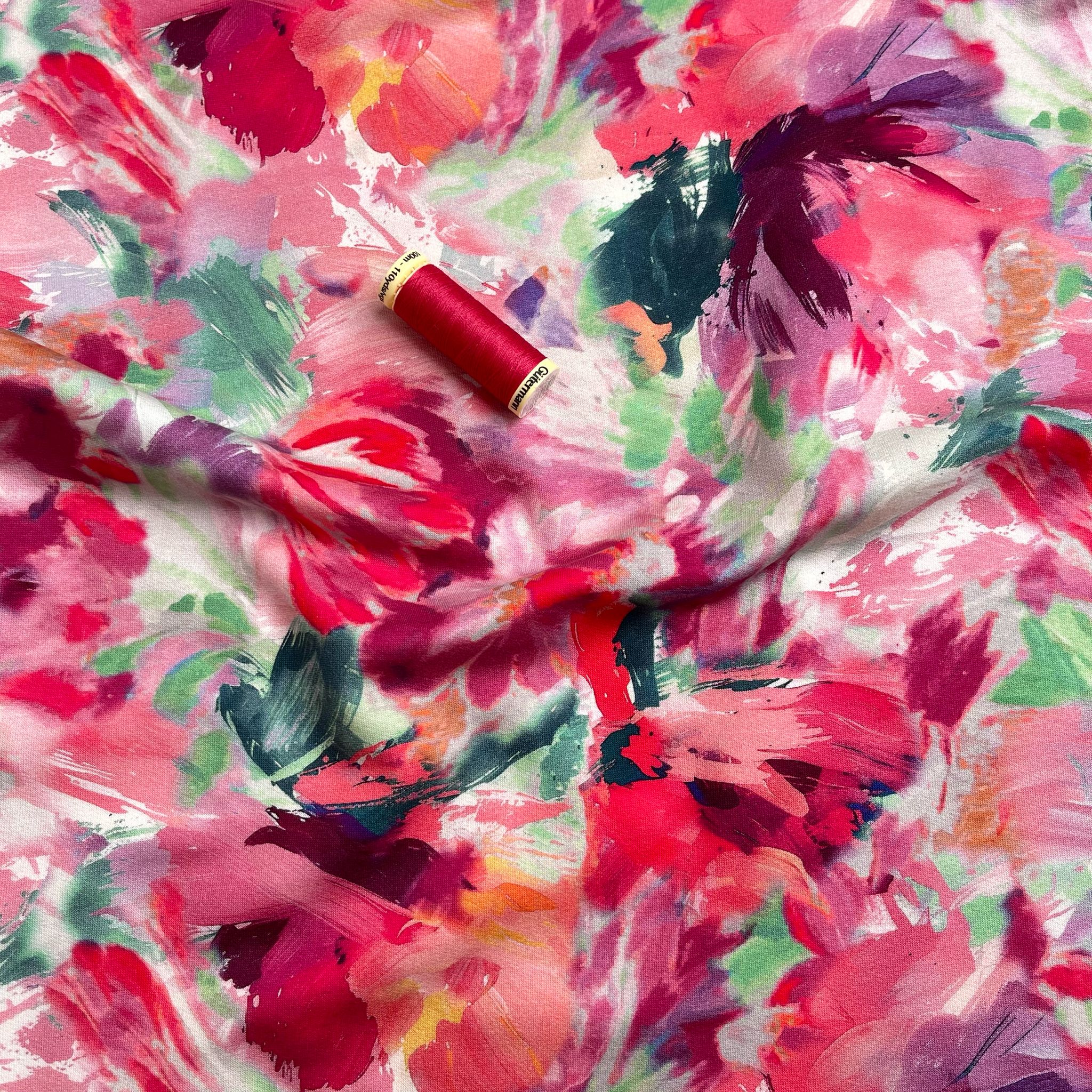 REMNANT 0.92 Metre - Painted Fuchsia Blooms Cotton French Terry