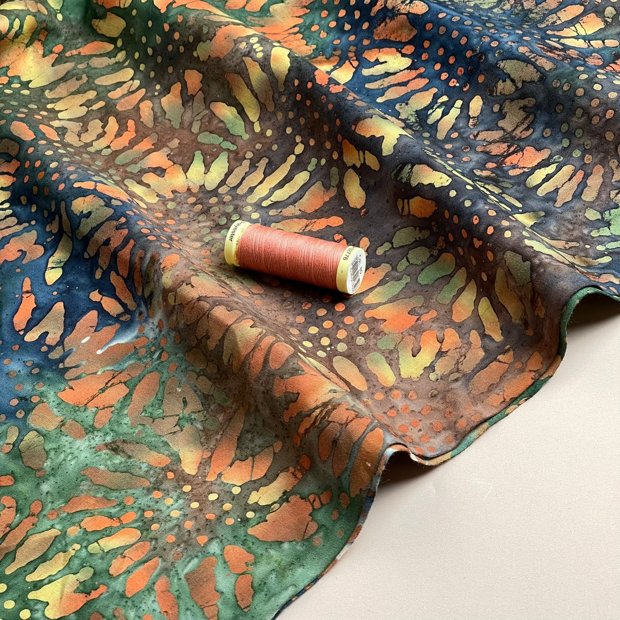 REMNANT 1.10 Metres - Batik Sunflowers on Navy Cotton Fabric