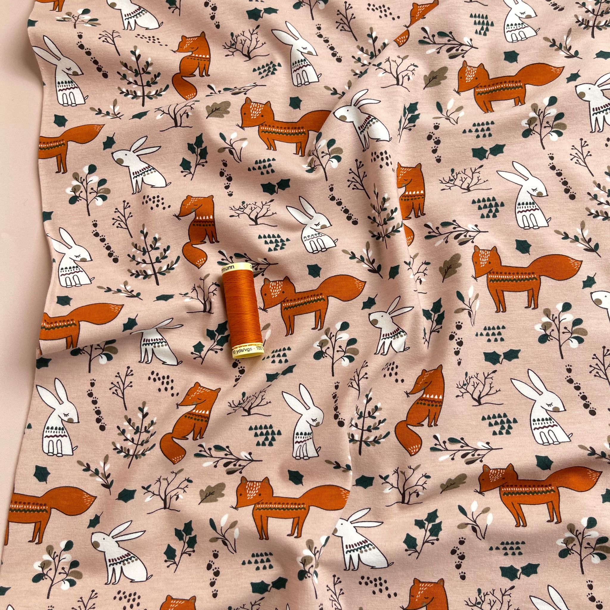 Foxes and Rabbits on Pink Cotton Jersey Fabric