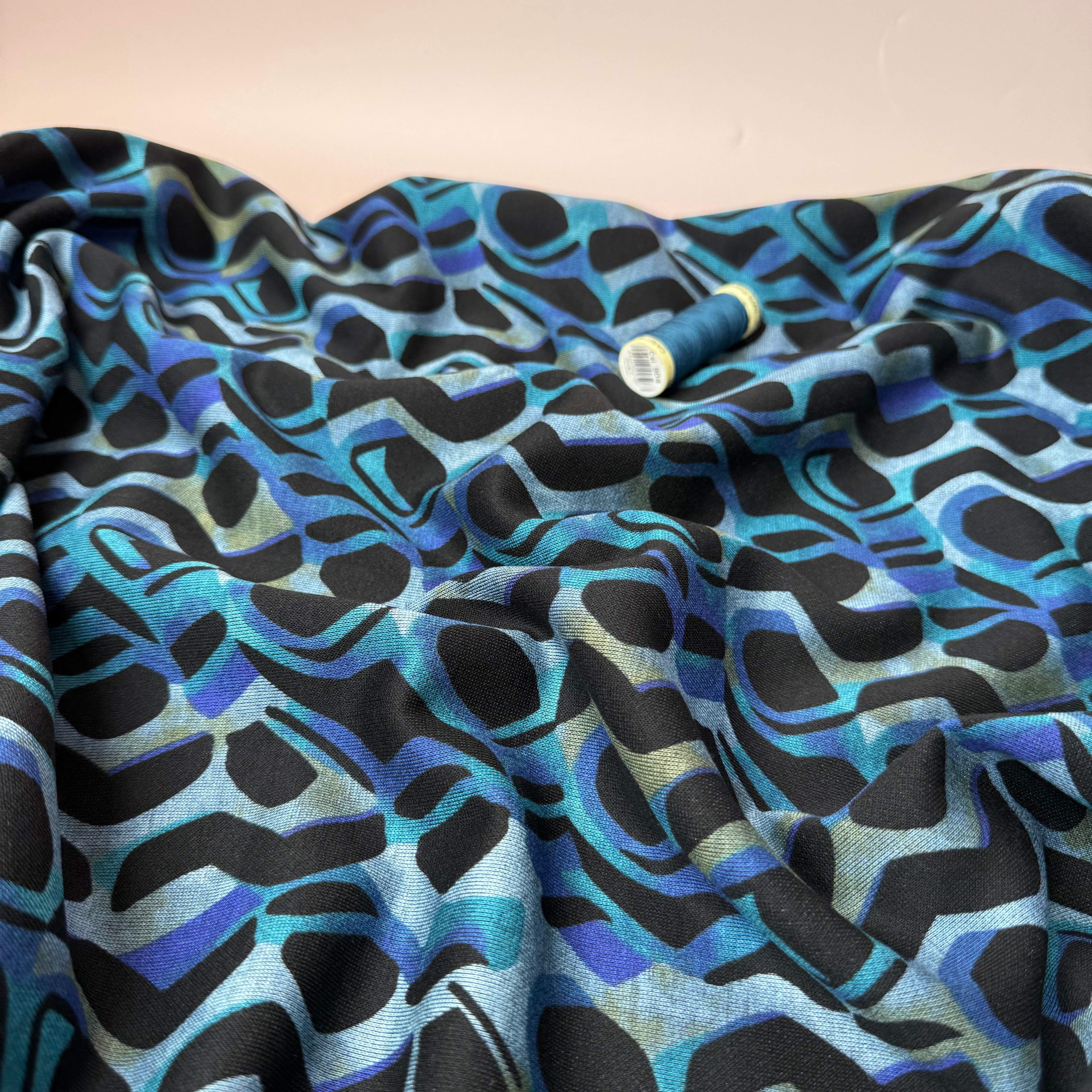 Graphic Swirls in Petrol Soft Ponte Interlock Jersey Fabric