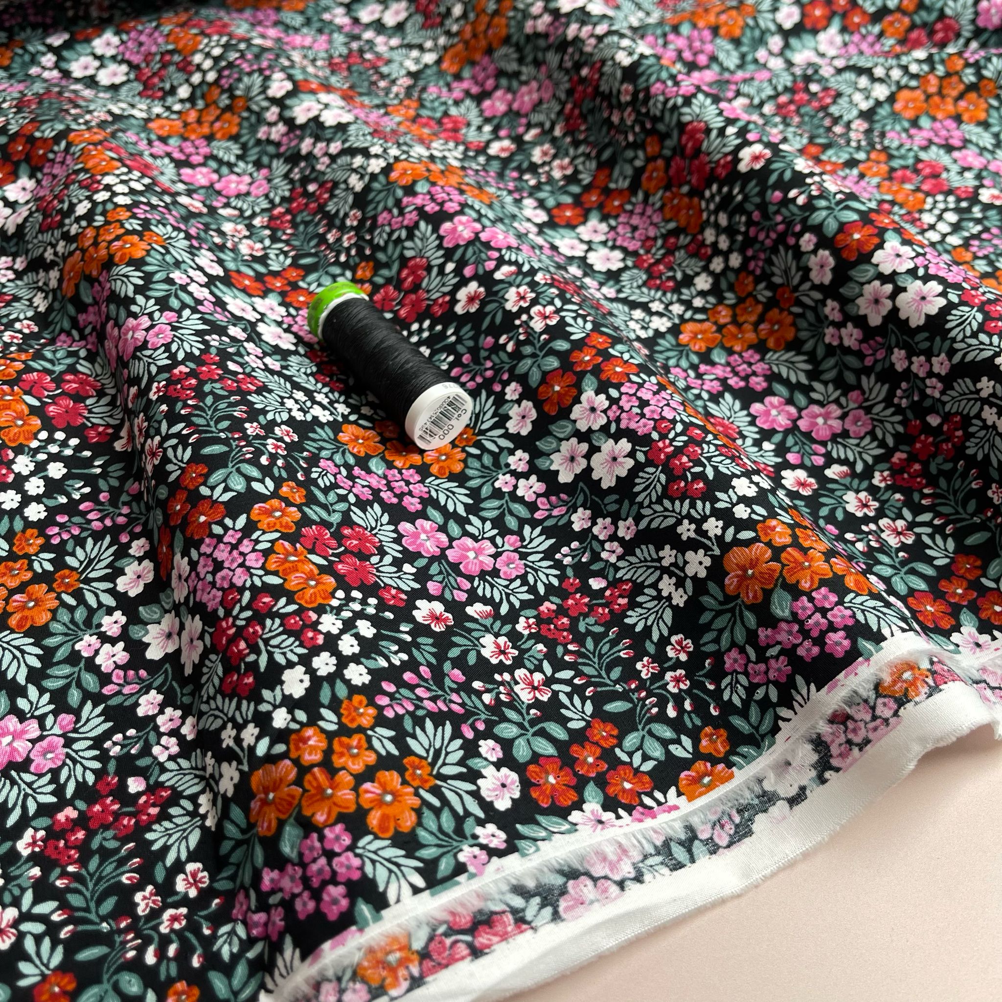 Ditsy Meadow on Black Cotton Poplin
