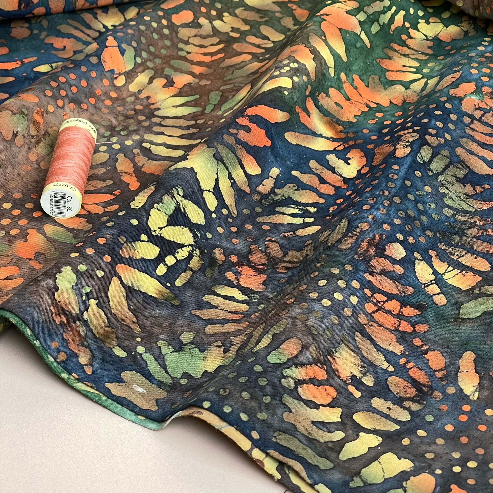 REMNANT 1.10 Metres - Batik Sunflowers on Navy Cotton Fabric