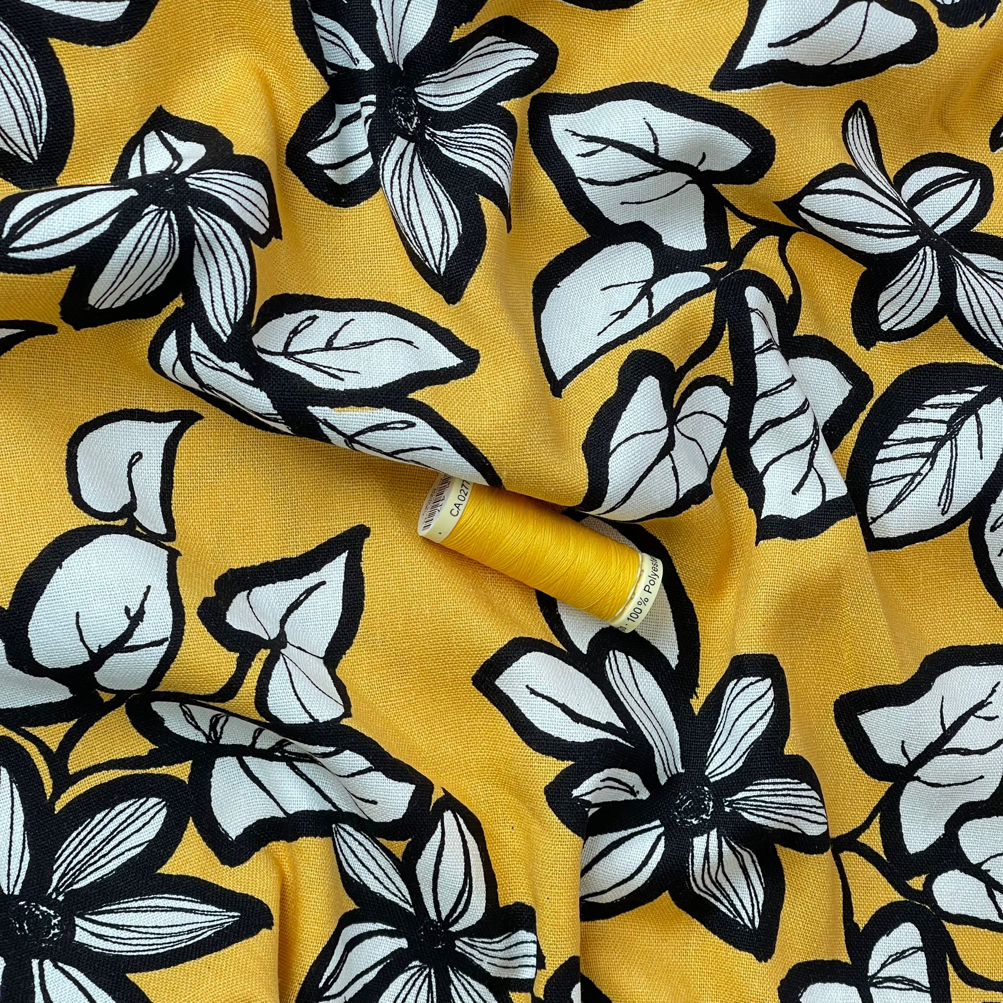 Monochrome Flowers on Mustard Viscose Linen Fabric