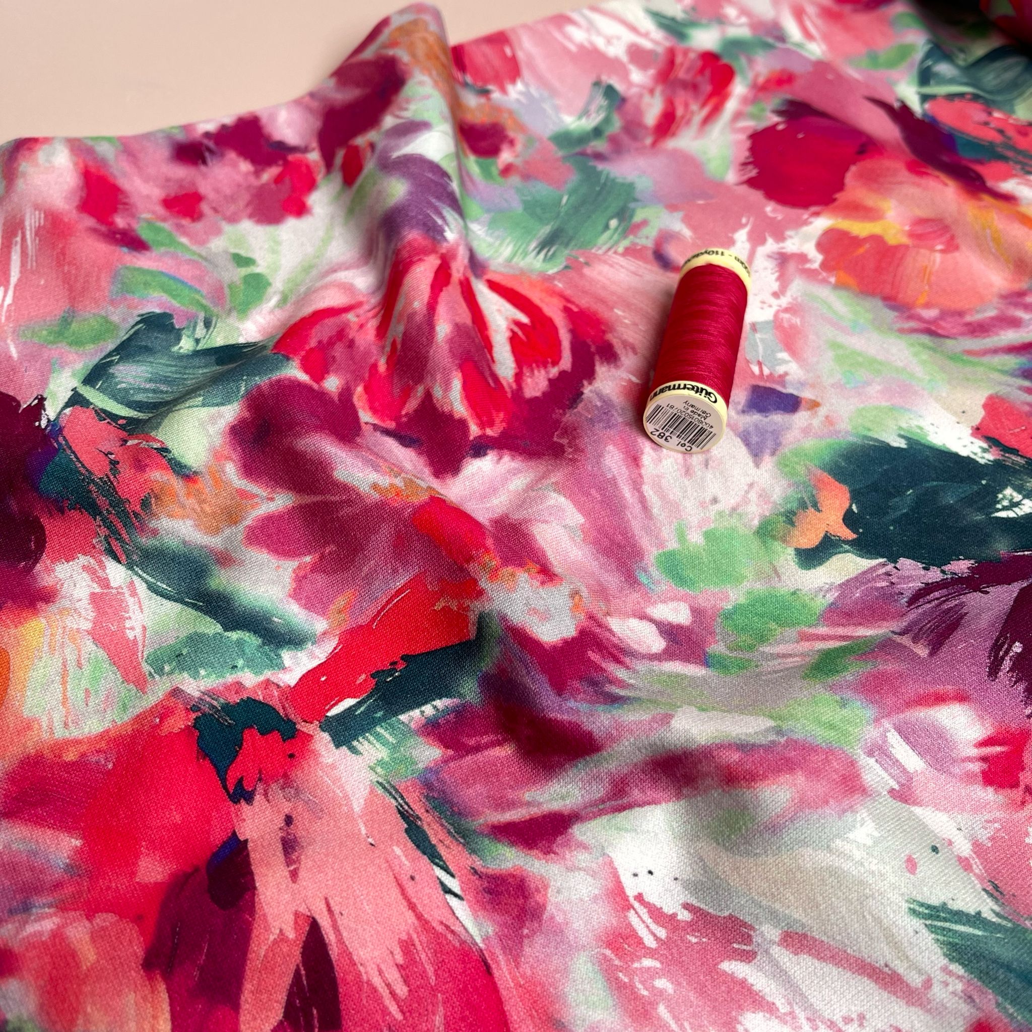 REMNANT 0.92 Metre - Painted Fuchsia Blooms Cotton French Terry