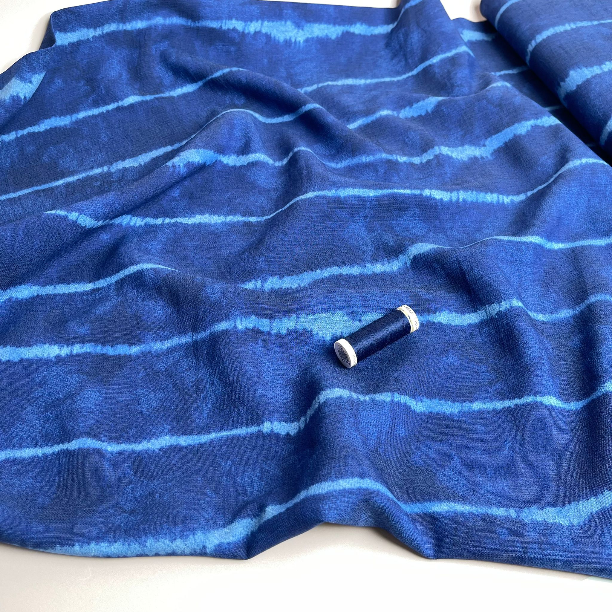 REMNANT 2.2 Metres - Tie Dye Stripes on Indigo Blue Textured Viscose Fabric