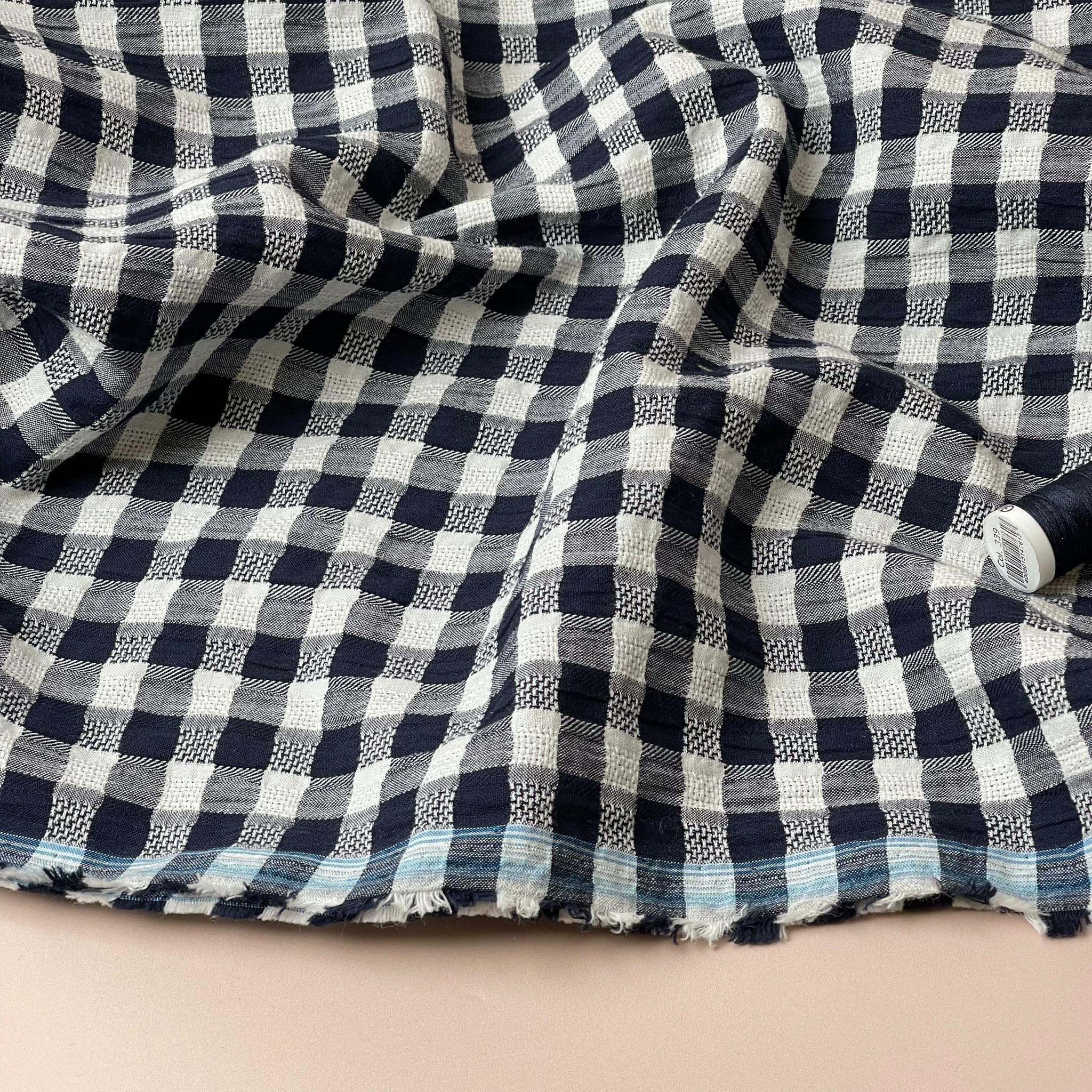 Navy Gingham Cotton Seersucker Fabric