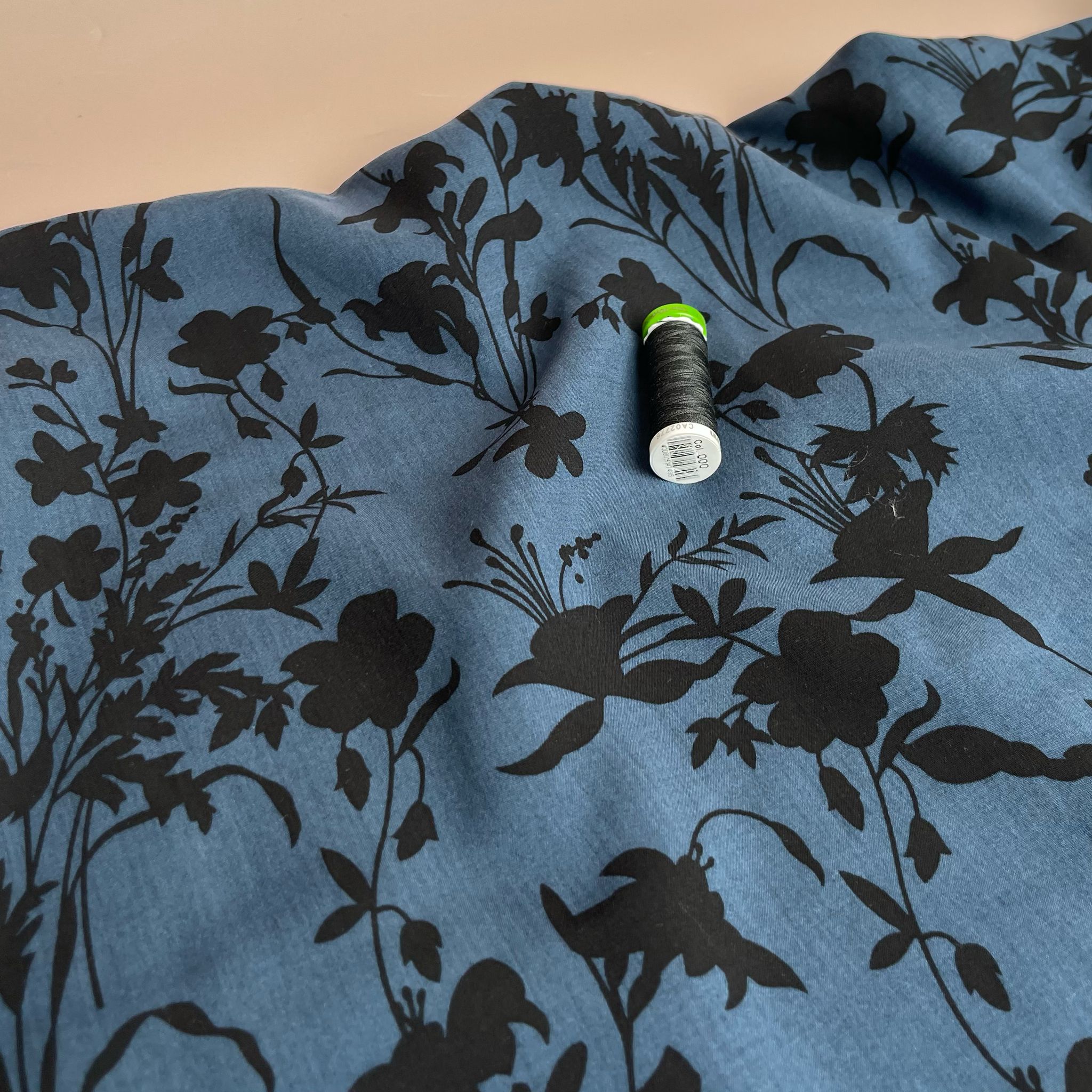 REMNANT 0.8 metres (some washable marks) Floral Shadows on Midnight Blue Viscose Fabric