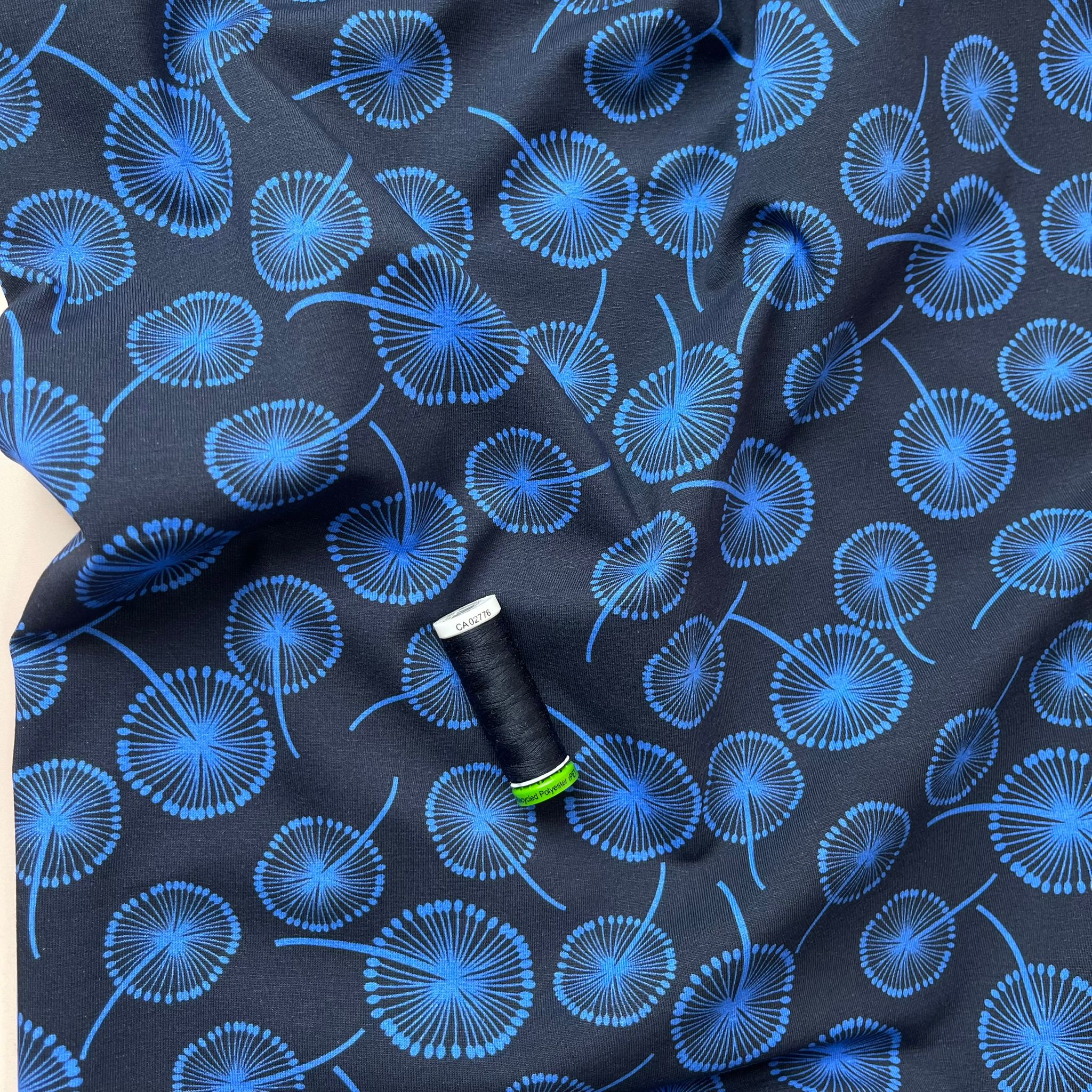 Danish Design - Cobalt Dandelions on Navy Cotton Jersey Fabric